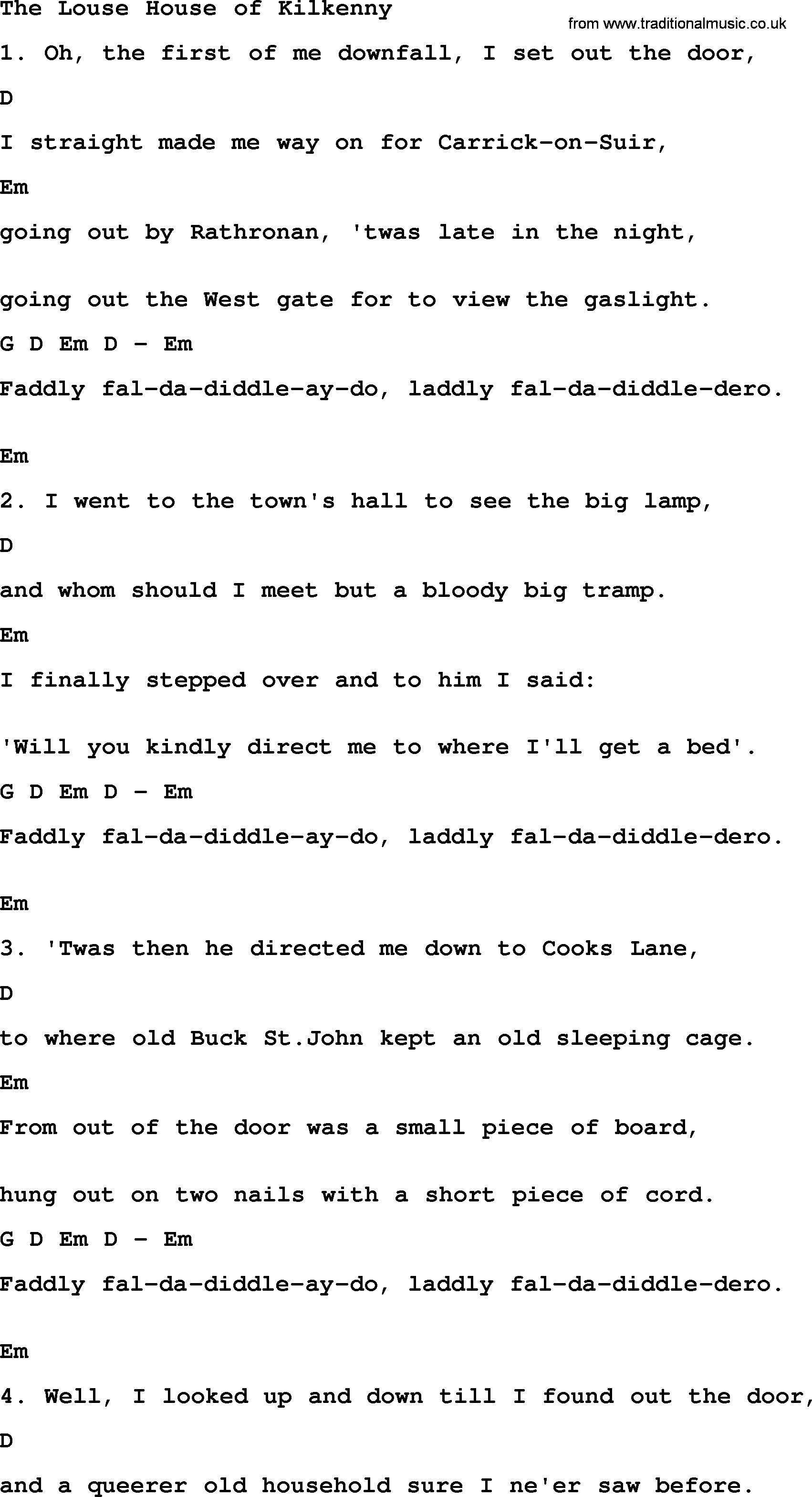 The Dubliners song: The Louse House Of Kilkenny, lyrics