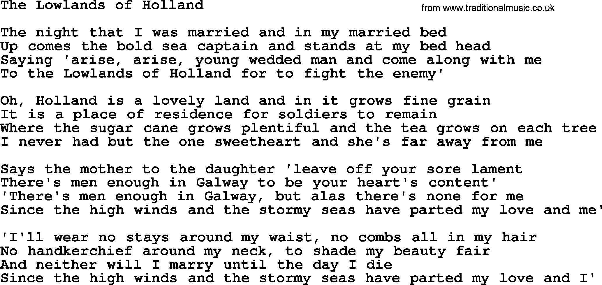 The Dubliners song: The Lowlands Of Holland, lyrics