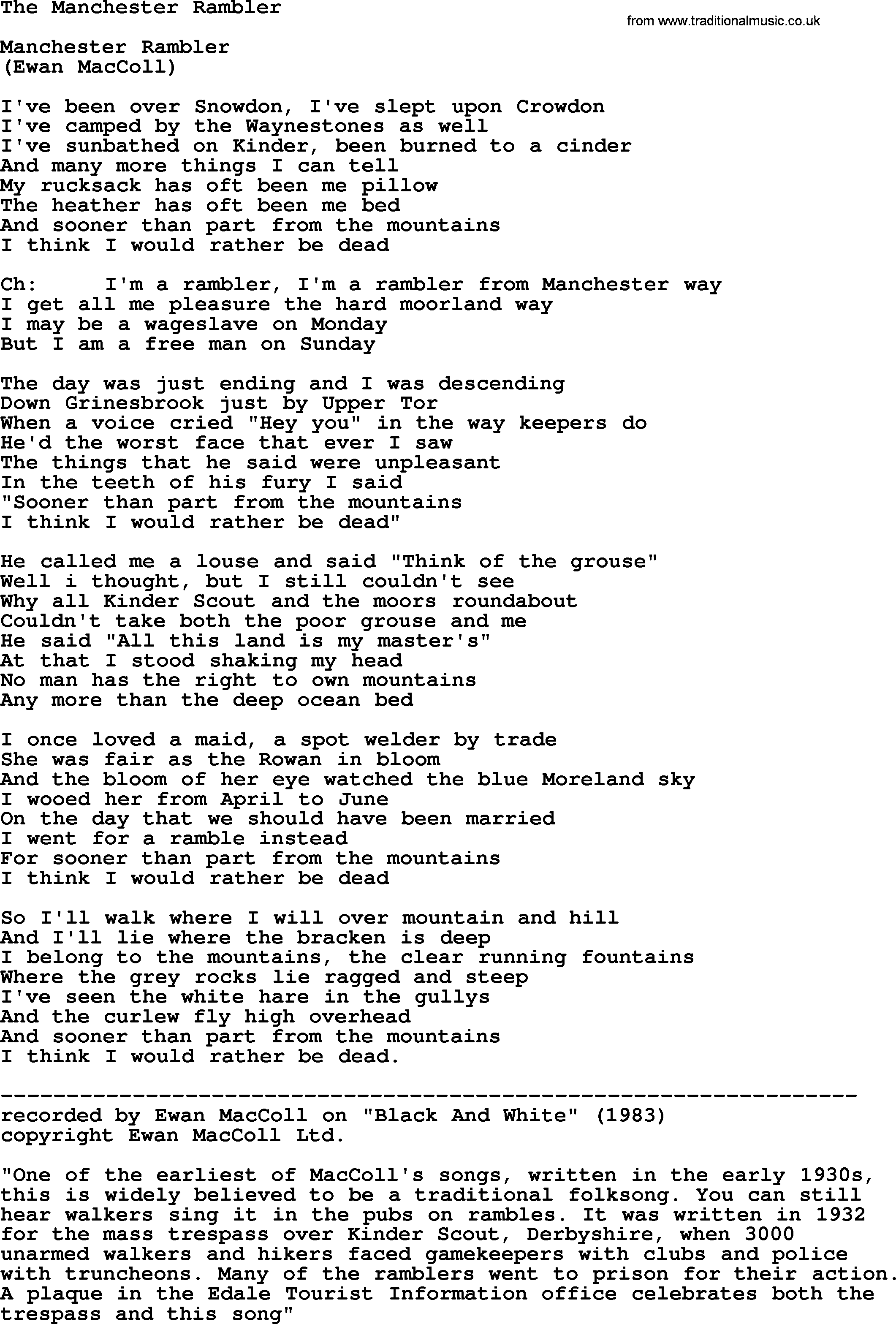 The Dubliners song: The Manchester Rambler, lyrics