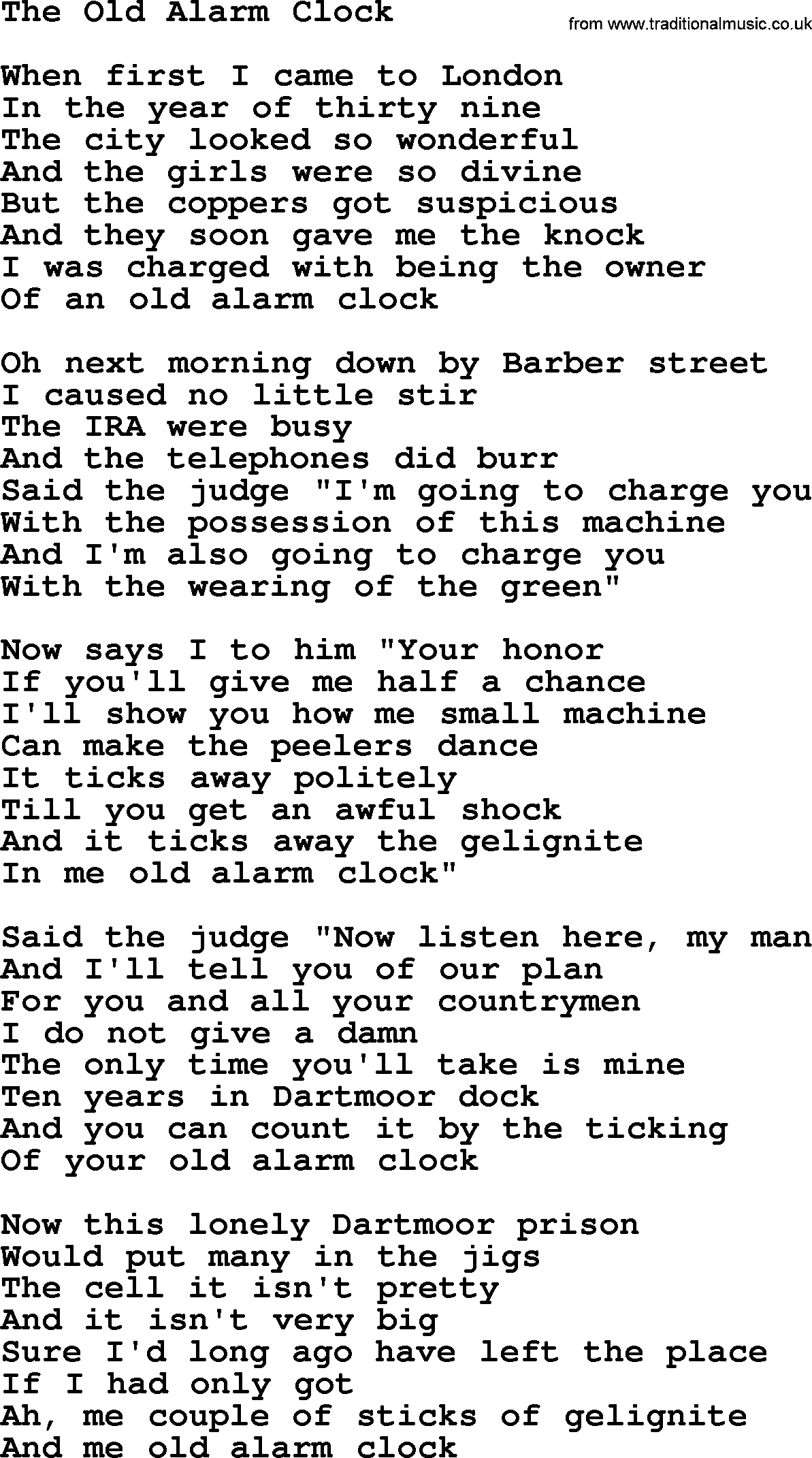 The Dubliners song: The Old Alarm Clock, lyrics