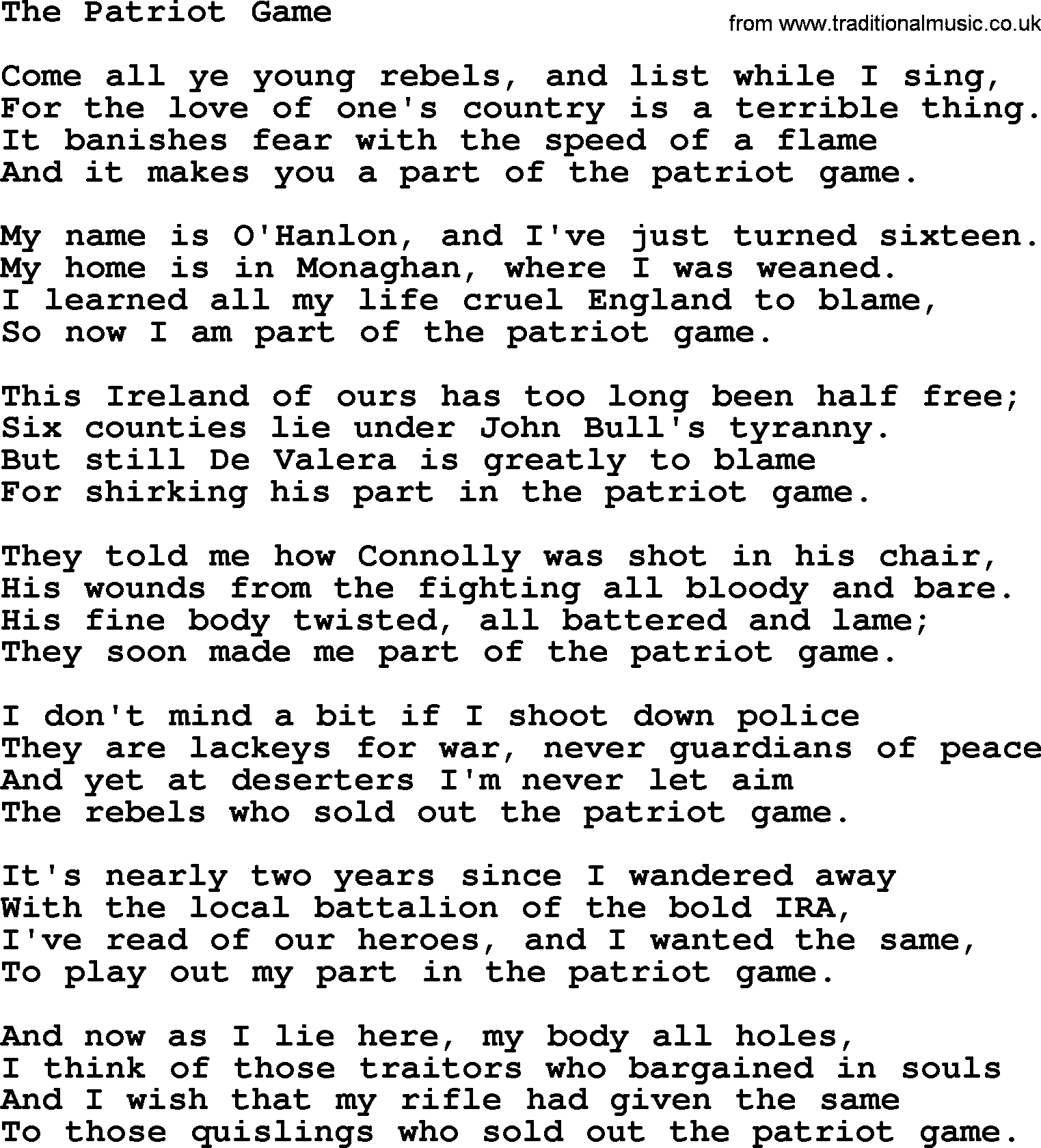 The Dubliners song: The Patriot Game, lyrics