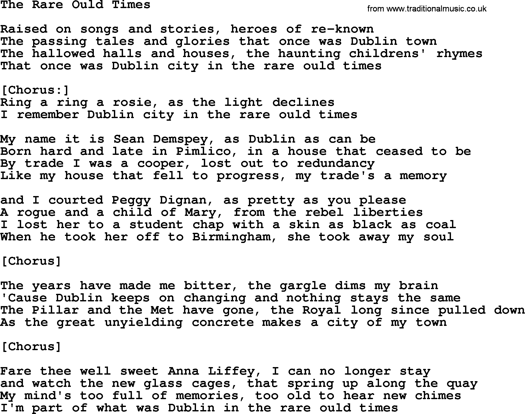 The Dubliners song: The Rare Ould Times, lyrics