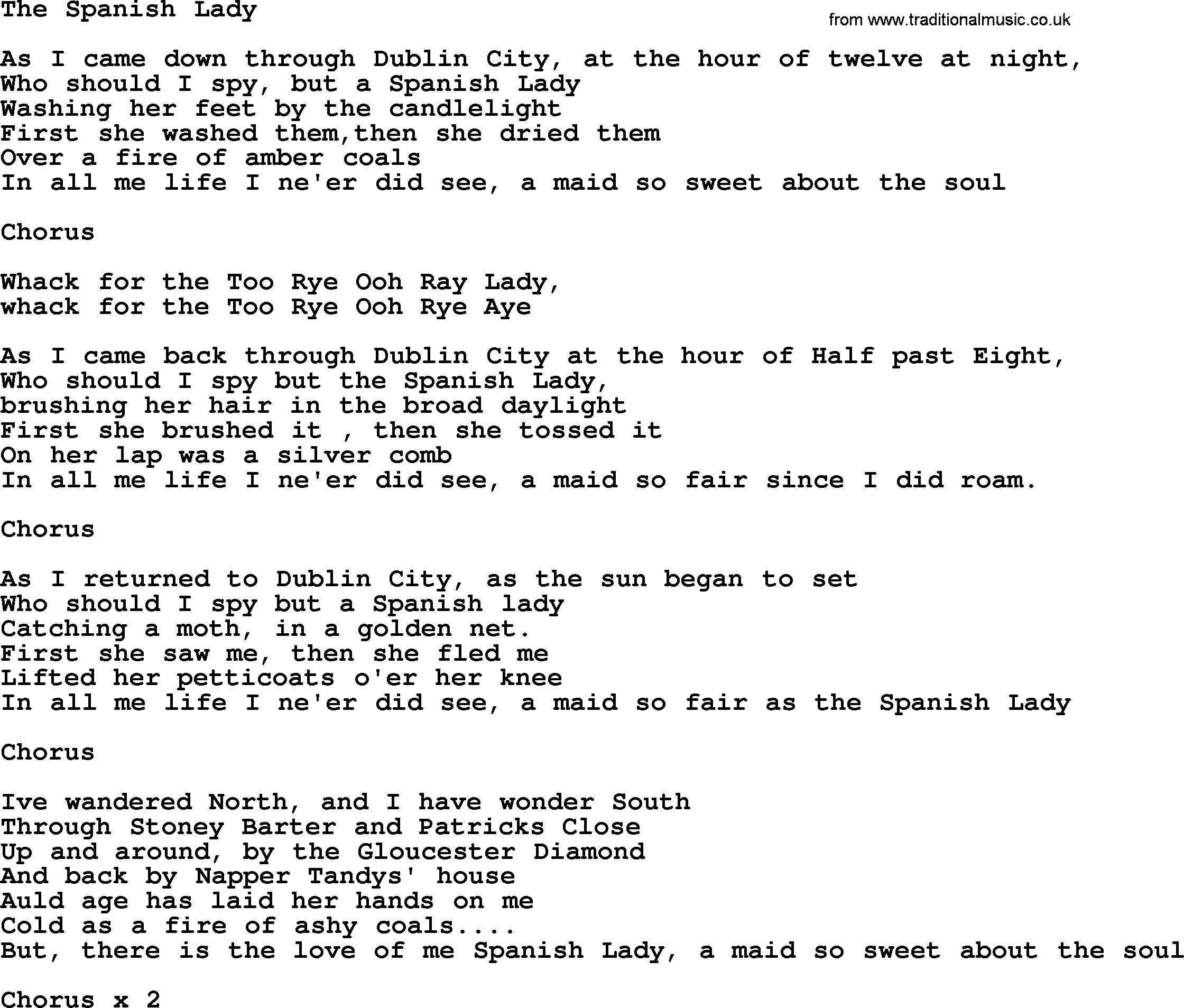 The Dubliners song: The Spanish Lady, lyrics
