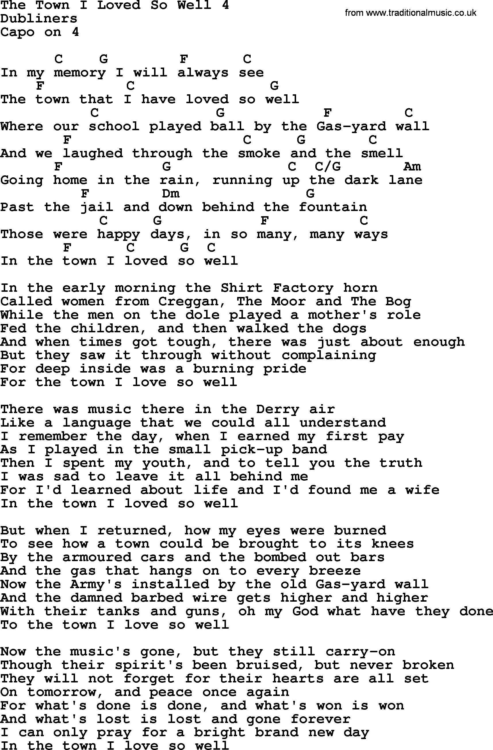 The Dubliners song: The Town I Loved So Well Ver4, lyrics and chords