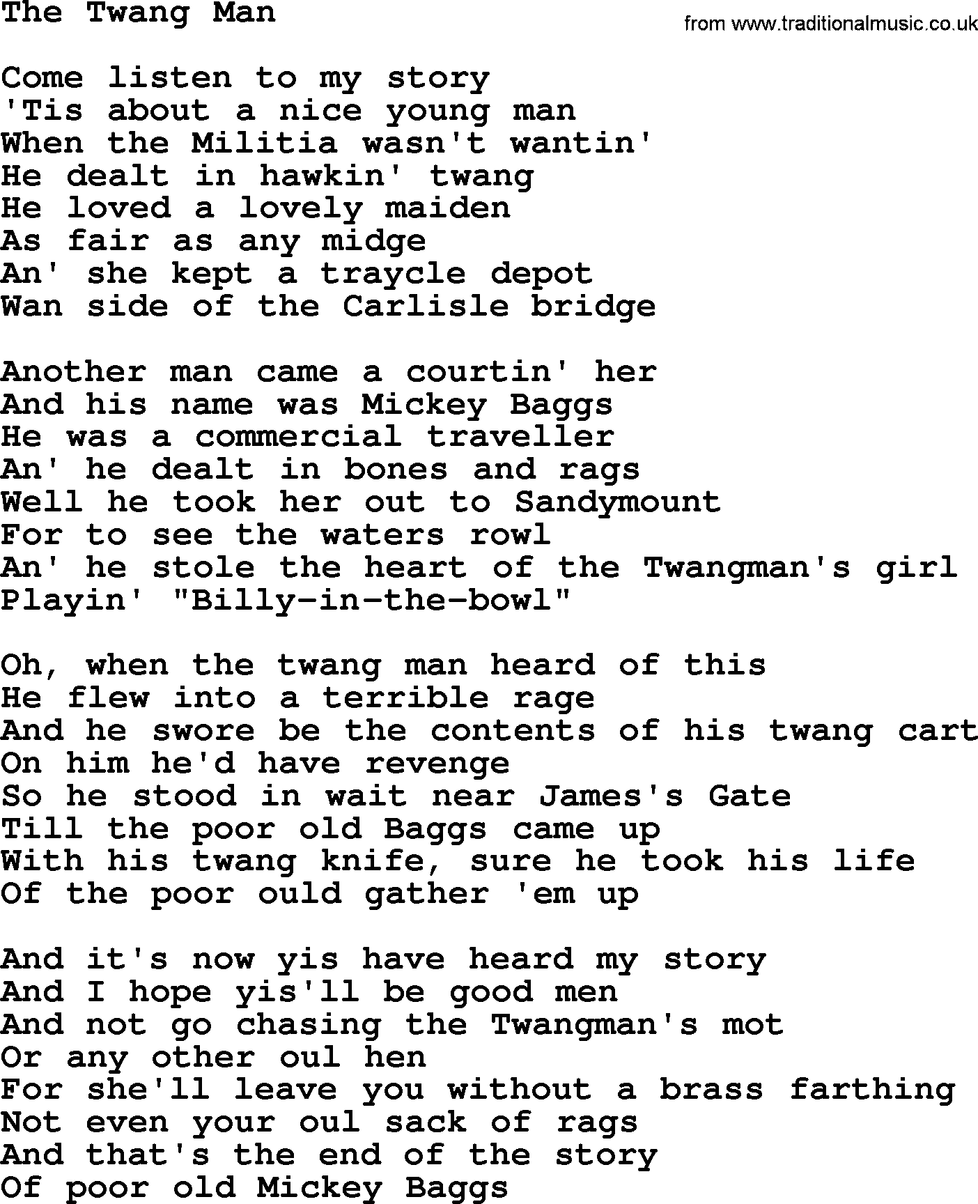 The Dubliners song: The Twang Man, lyrics