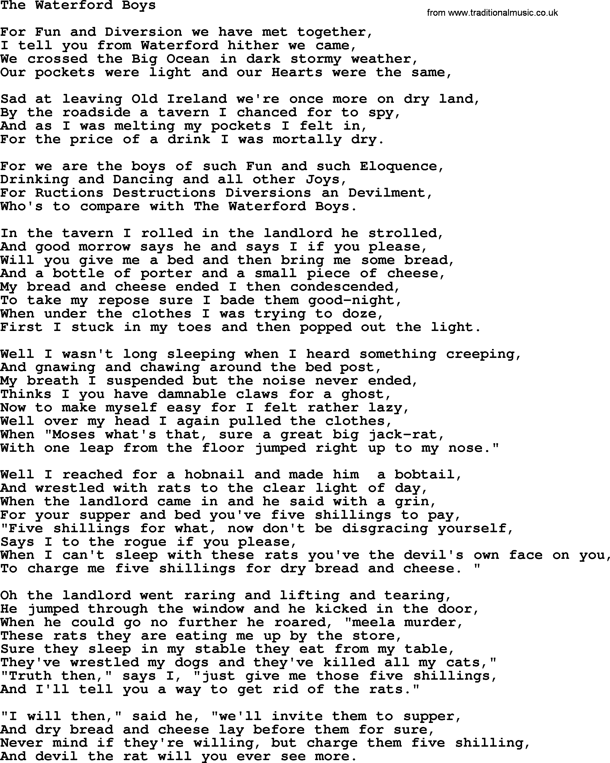 The Dubliners song: The Waterford Boys, lyrics