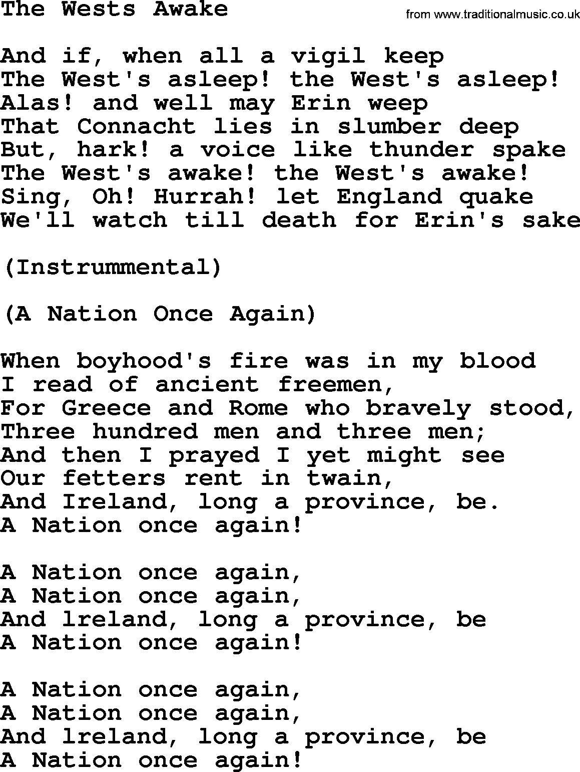 The Dubliners song: The Wests Awake, lyrics