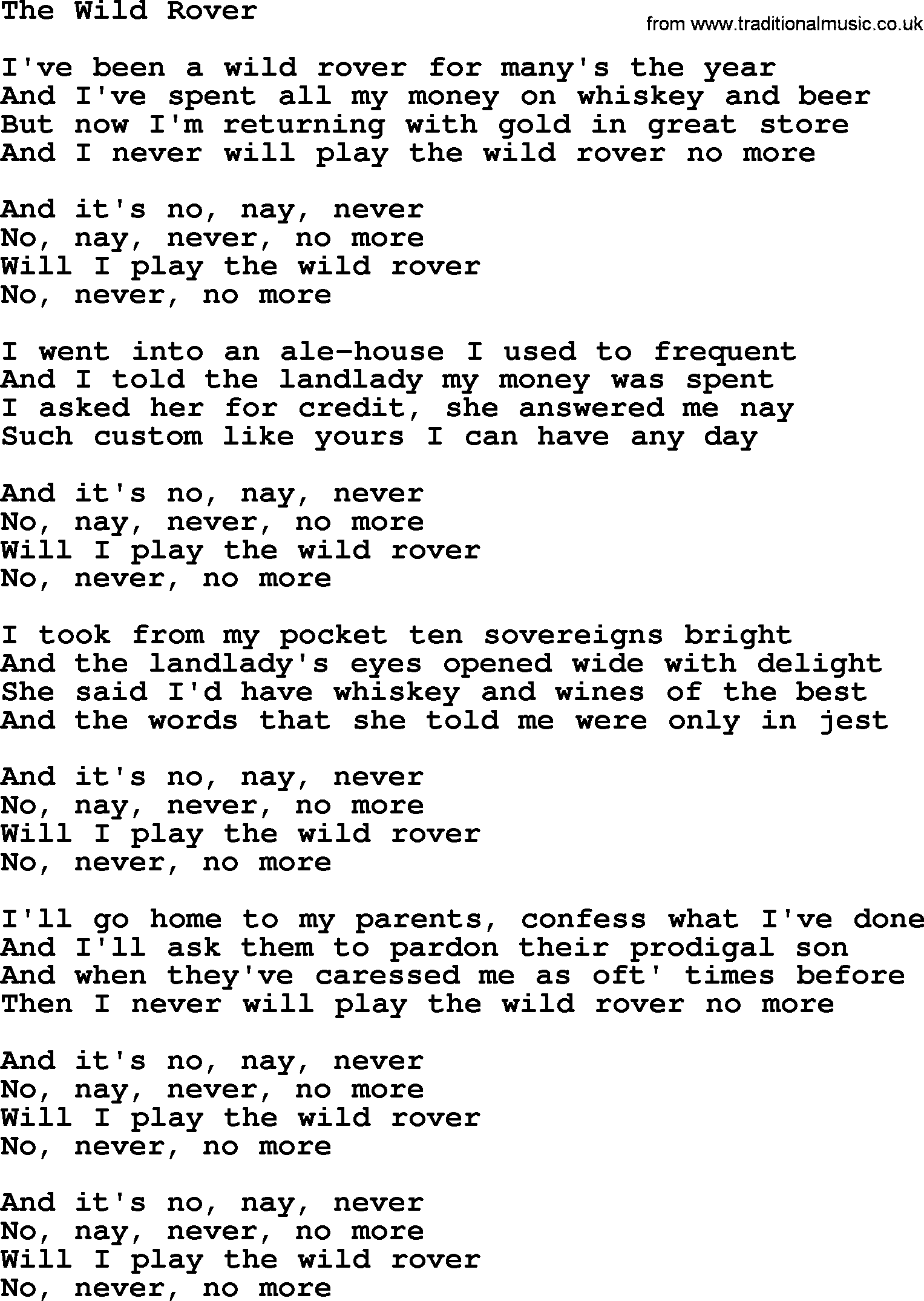 The Dubliners song: The Wild Rover, lyrics