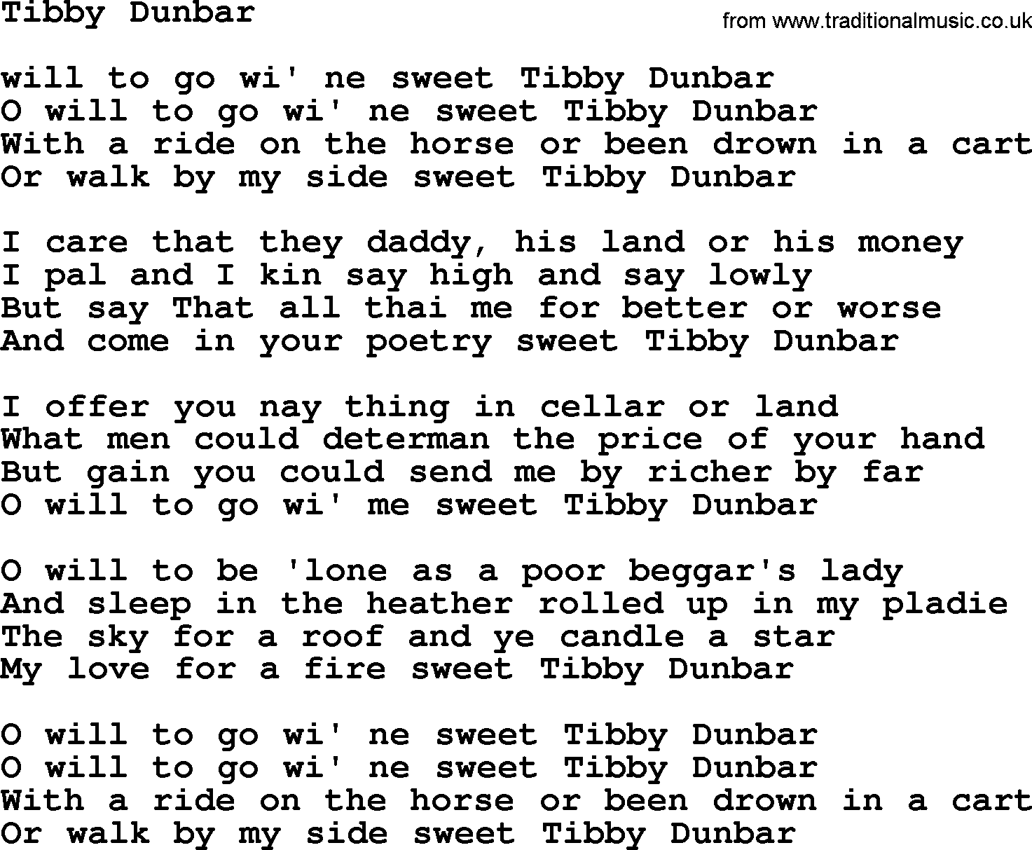The Dubliners song: Tibby Dunbar, lyrics