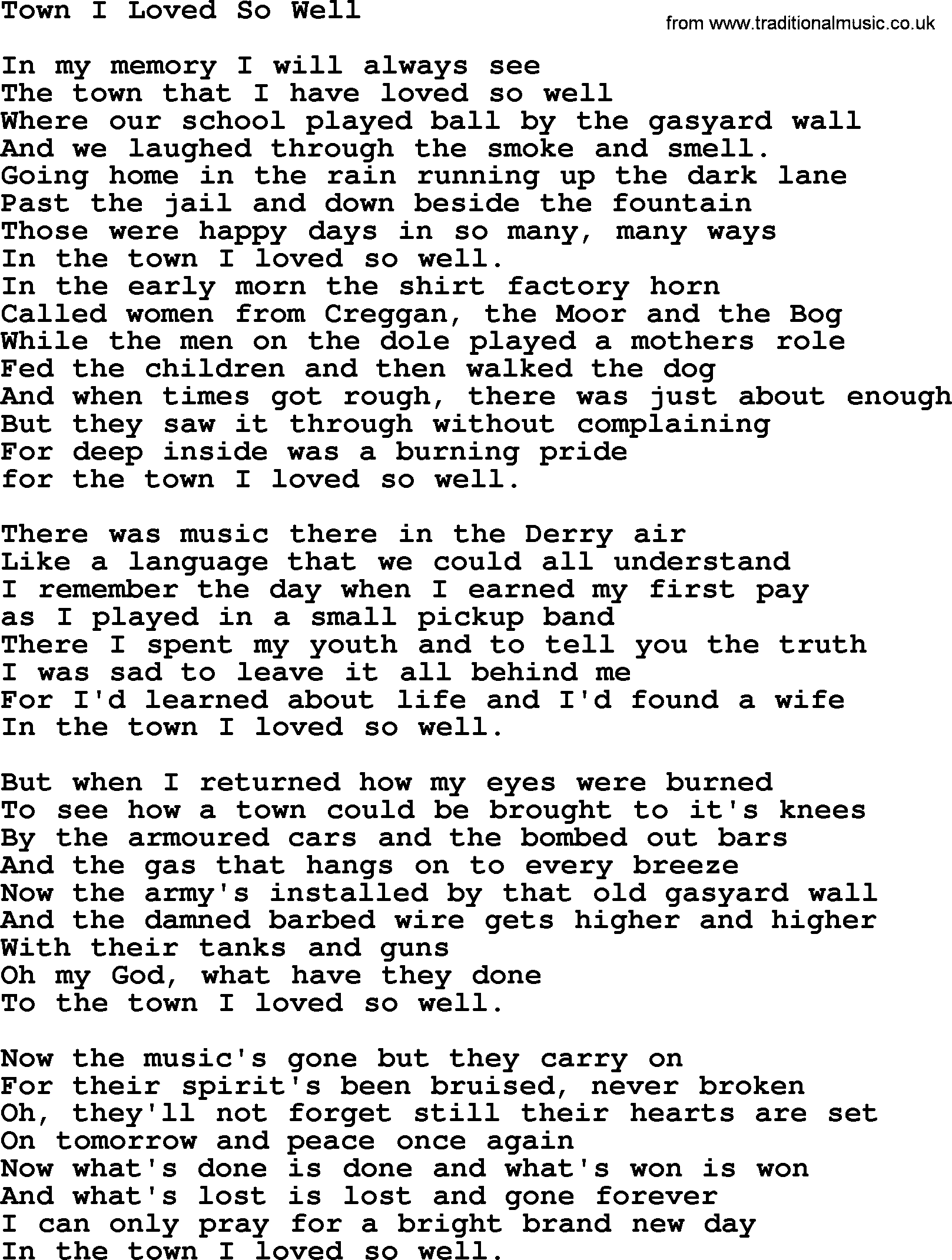 The Dubliners song: Town I Loved So Well, lyrics