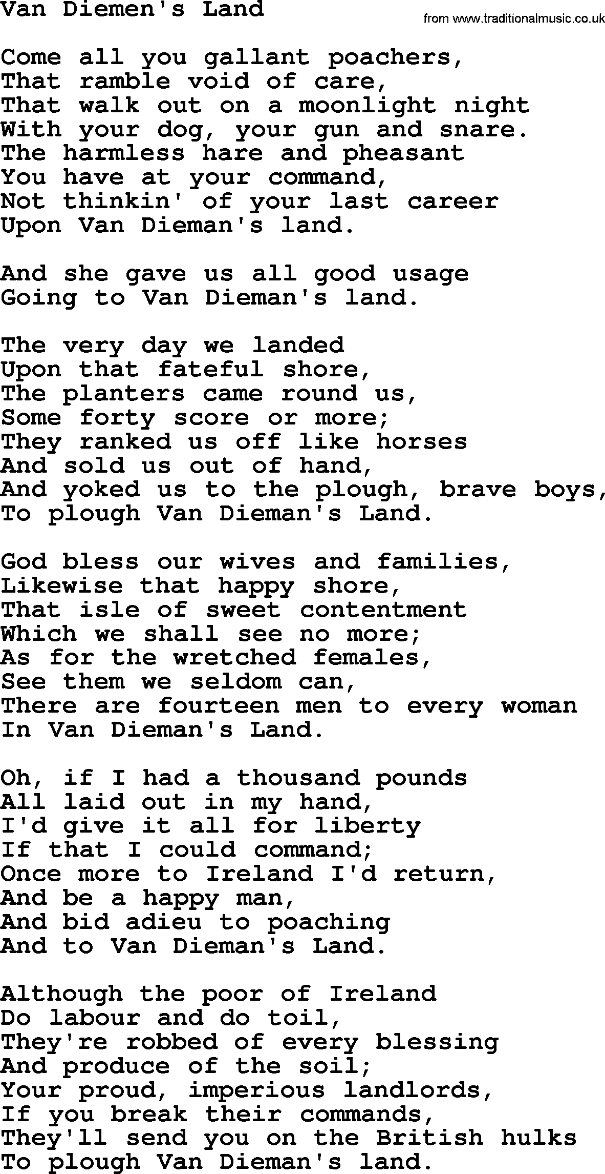 The Dubliners song: Van Diemen's Land, lyrics