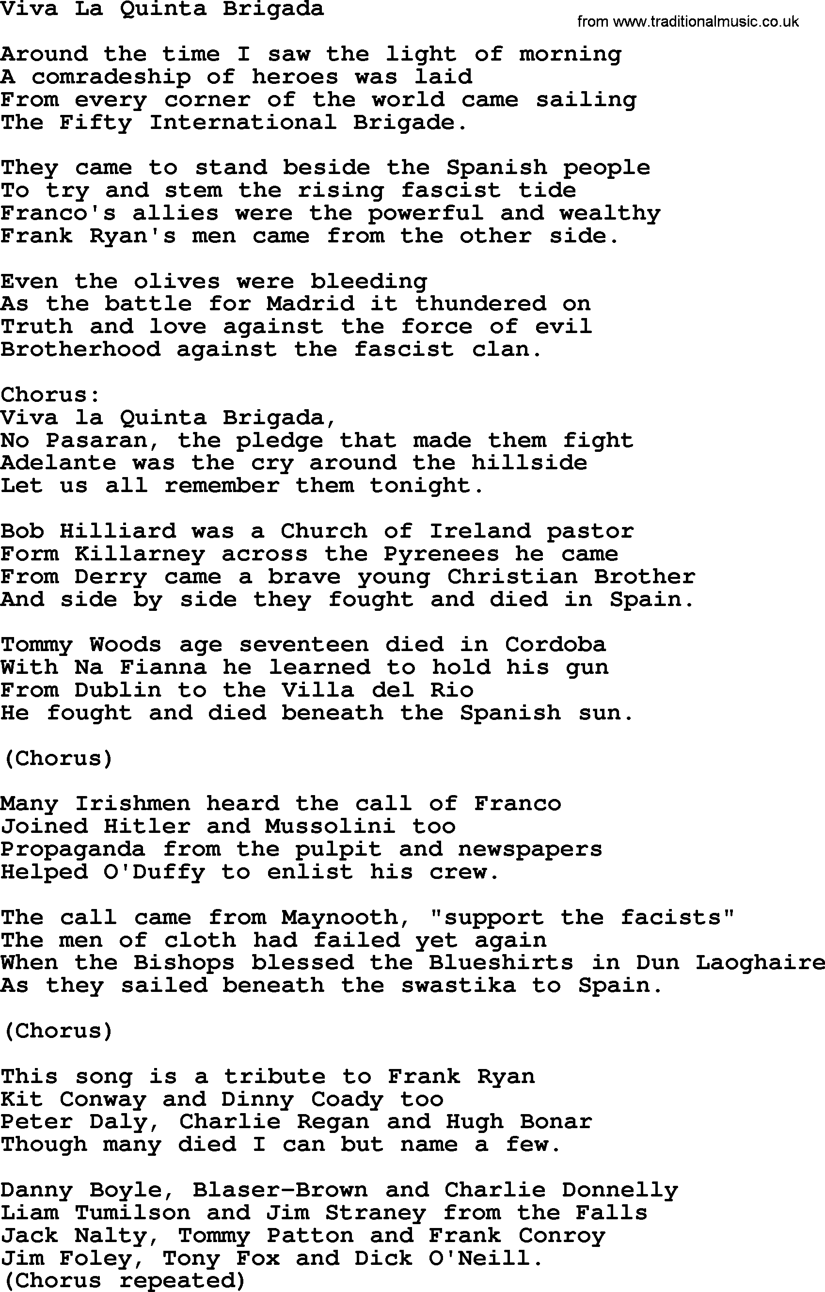 The Dubliners song: Viva La Quinta Brigada, lyrics