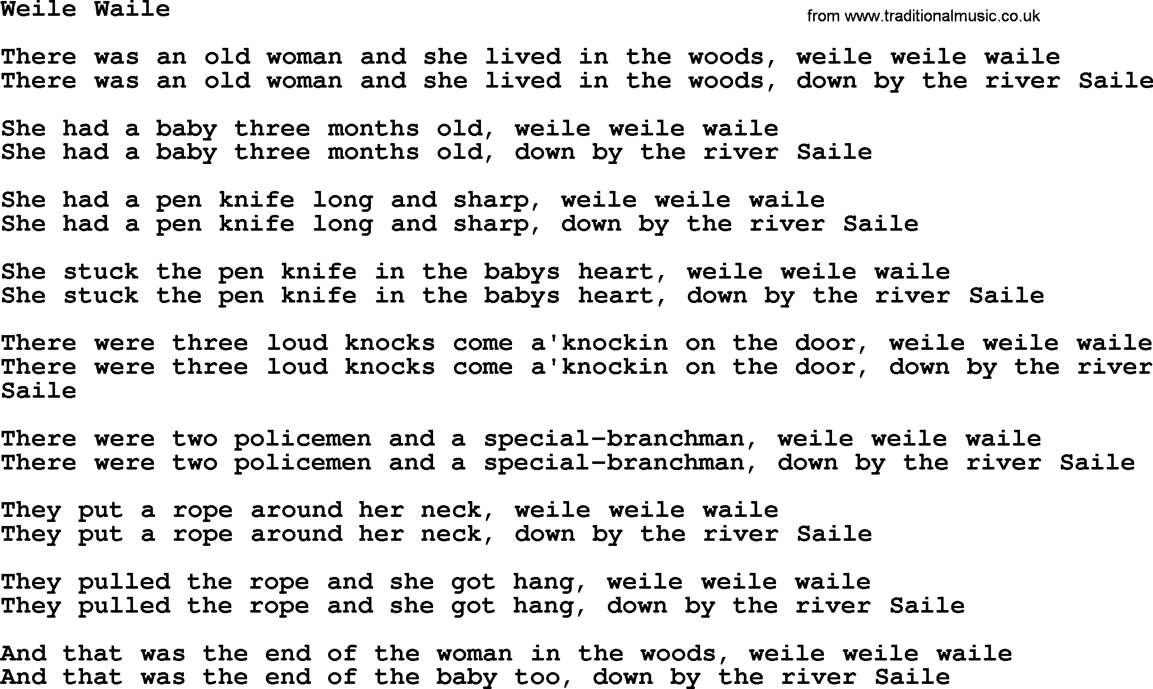 The Dubliners song: Weile Waile, lyrics