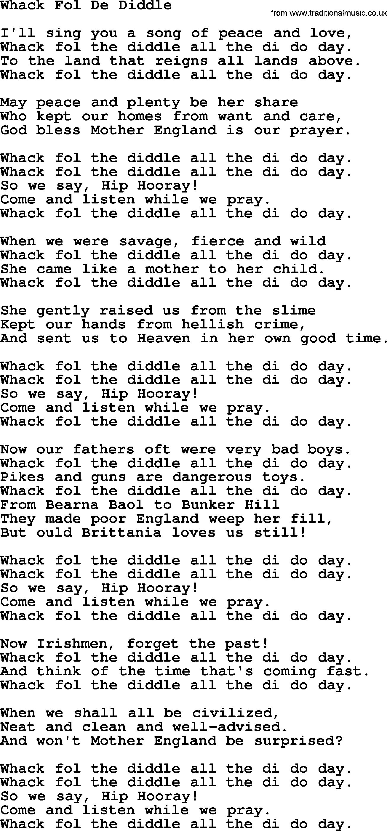 The Dubliners song: Whack Fol De Diddle, lyrics