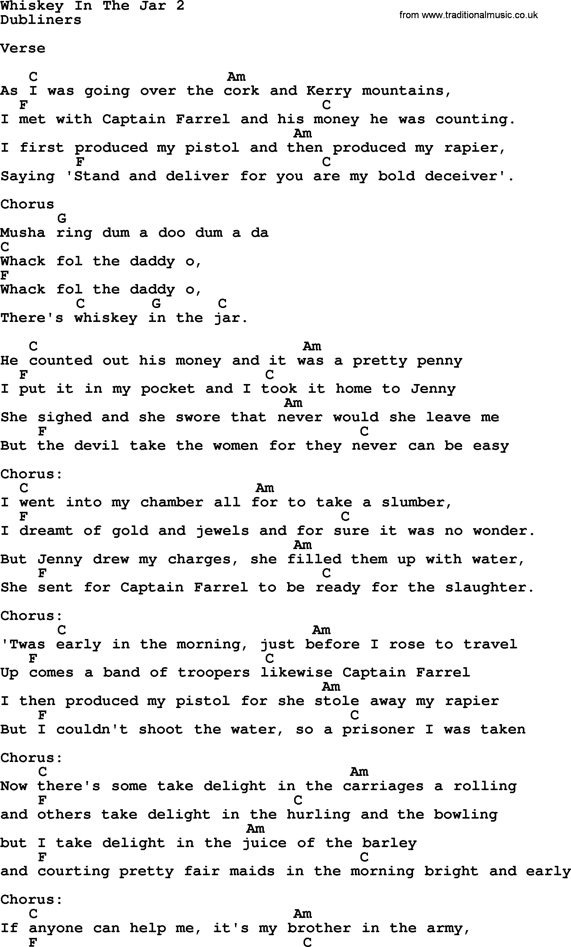 The Dubliners song: Whiskey In The Jar Ver2, lyrics and chords