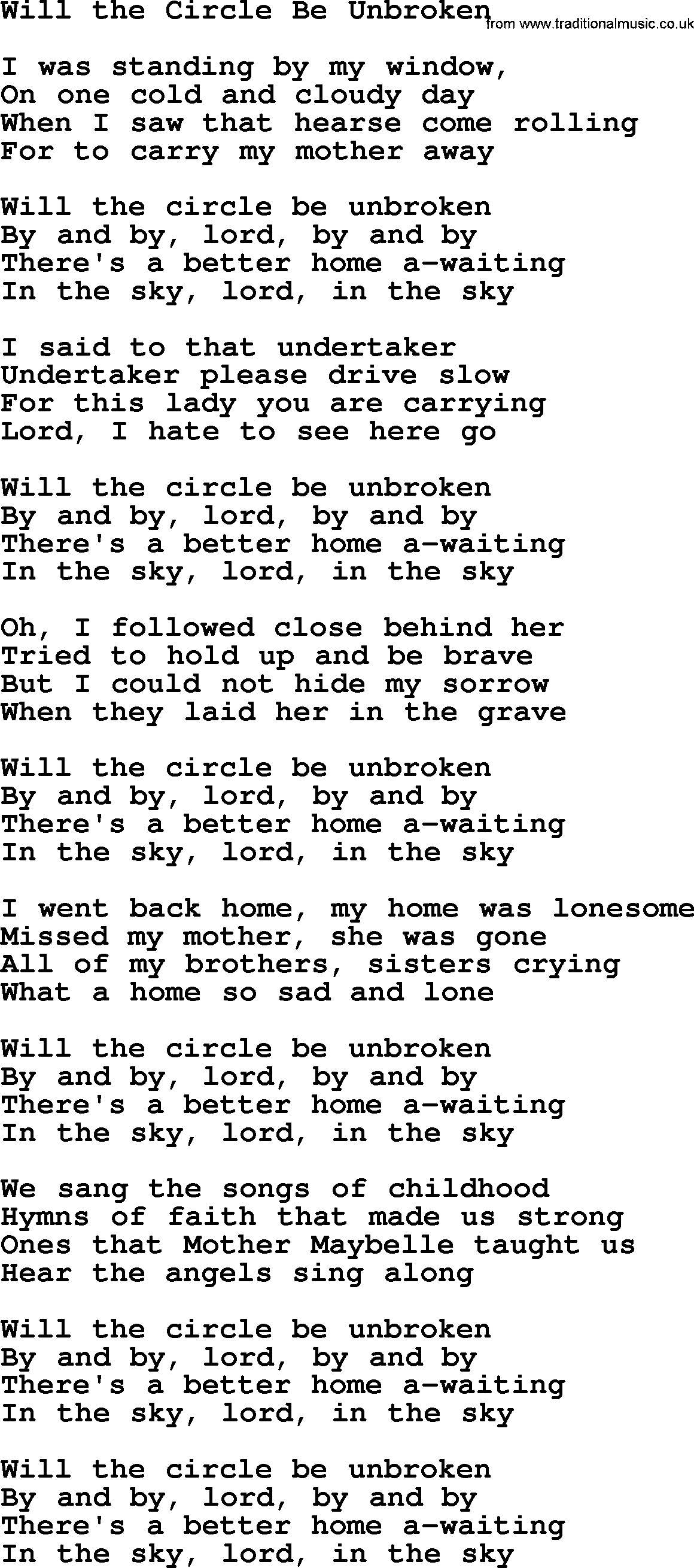The Dubliners song: Will The Circle Be Unbroken, lyrics