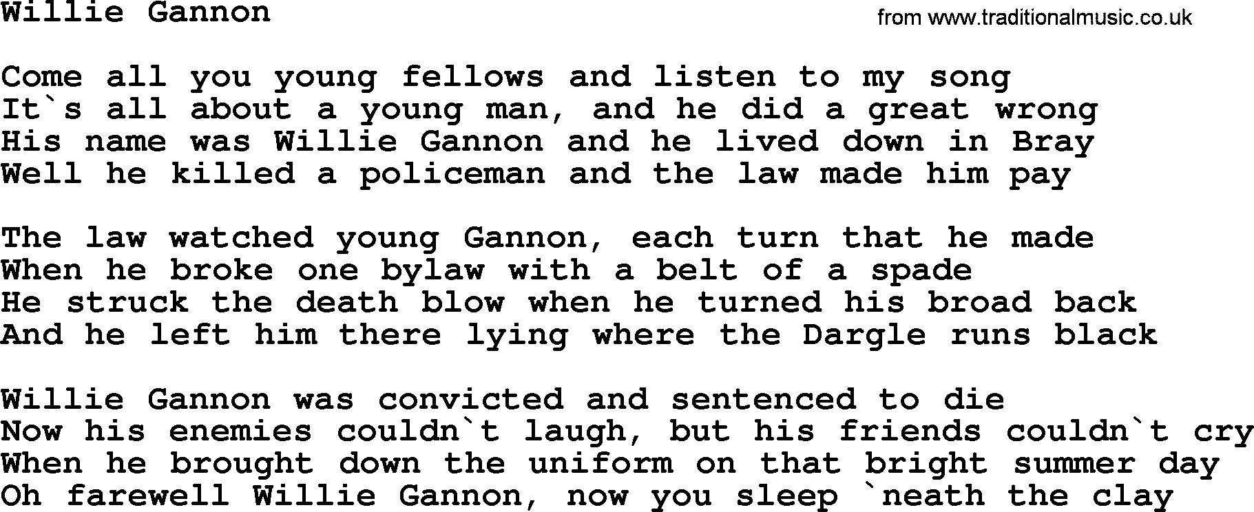 The Dubliners song: Willie Gannon, lyrics
