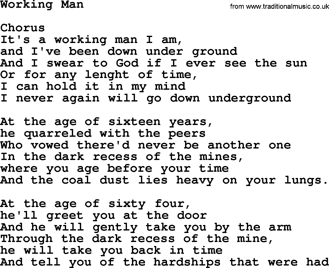 The Dubliners song: Working Man, lyrics