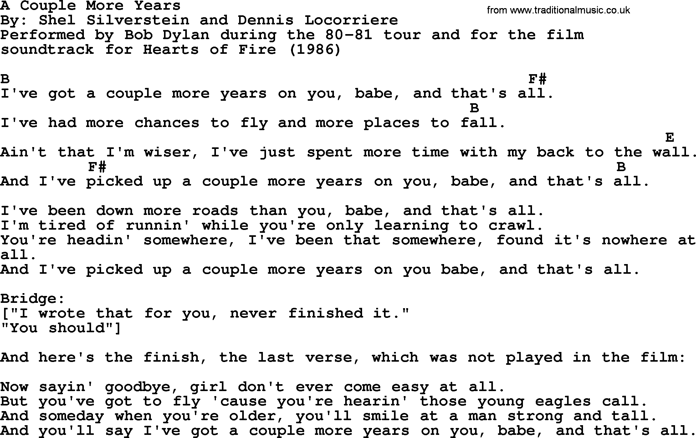 Bob Dylan song, lyrics with chords - A Couple More Years