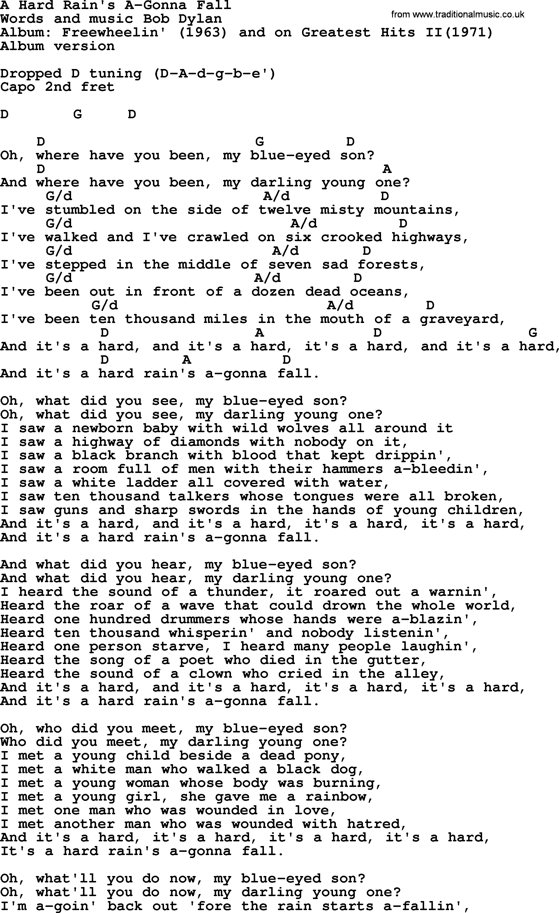 Bob Dylan song, lyrics with chords - A Hard Rain's A-Gonna Fall