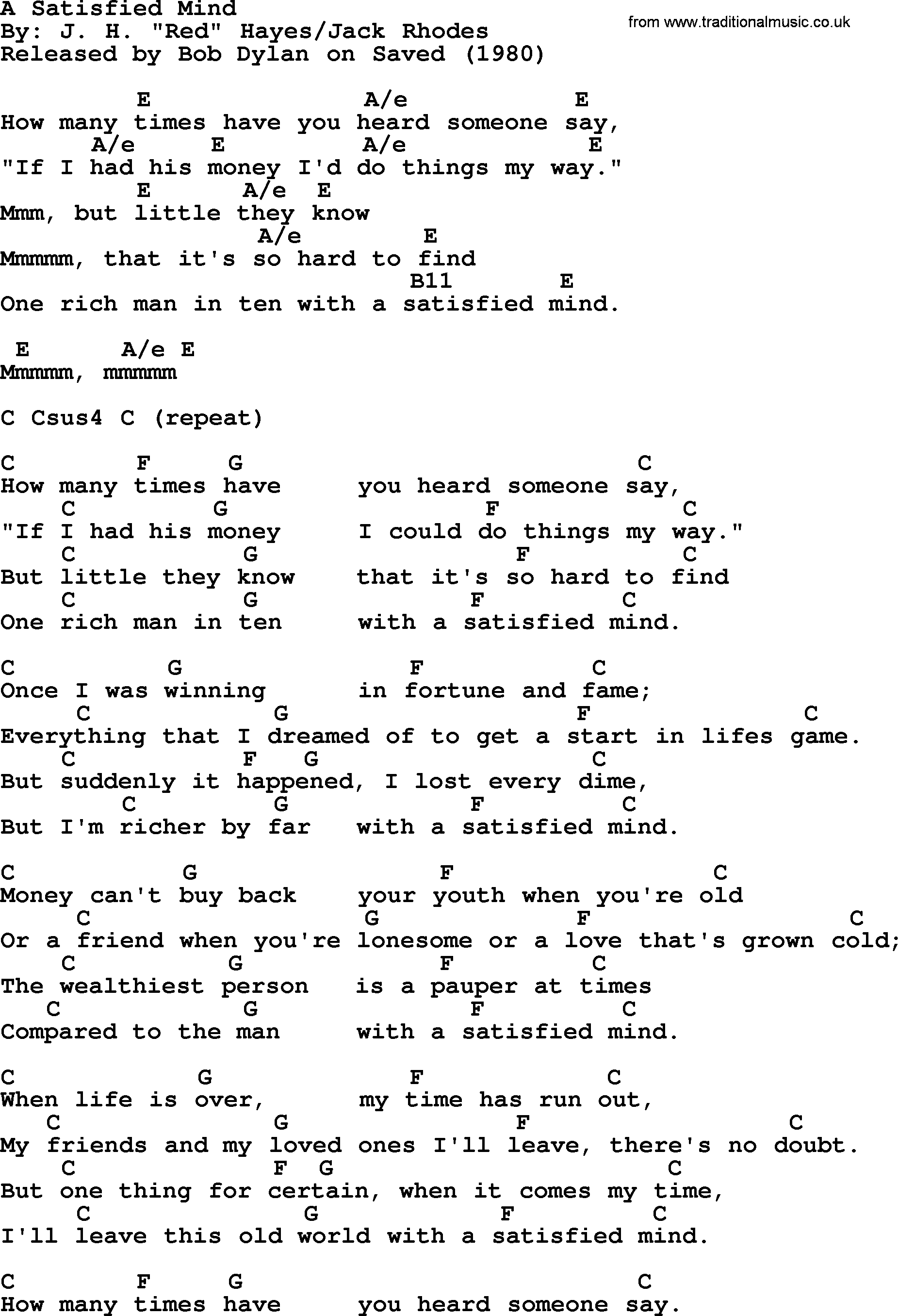 Bob Dylan song, lyrics with chords - A Satisfied Mind