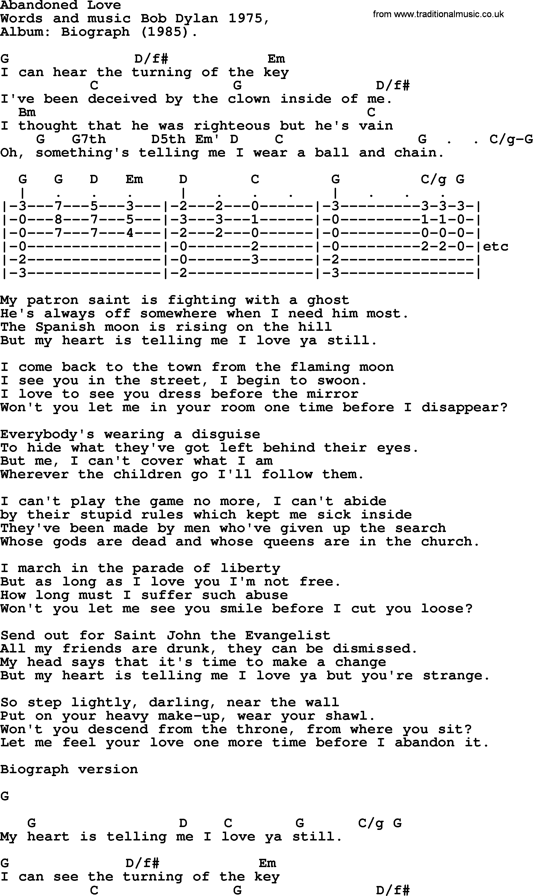 Bob Dylan song, lyrics with chords - Abandoned Love