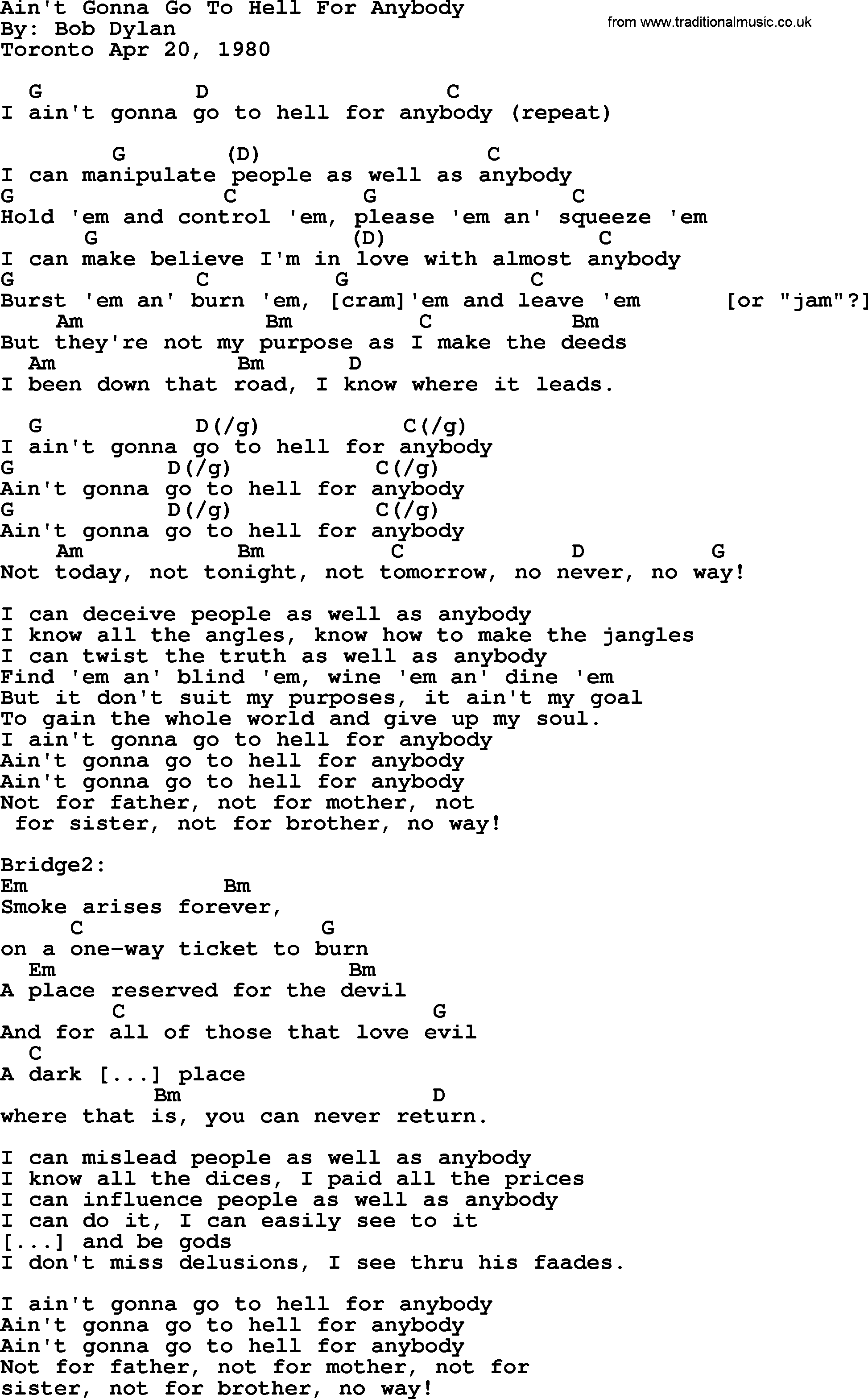 Bob Dylan song, lyrics with chords - Ain't Gonna Go To Hell For Anybody