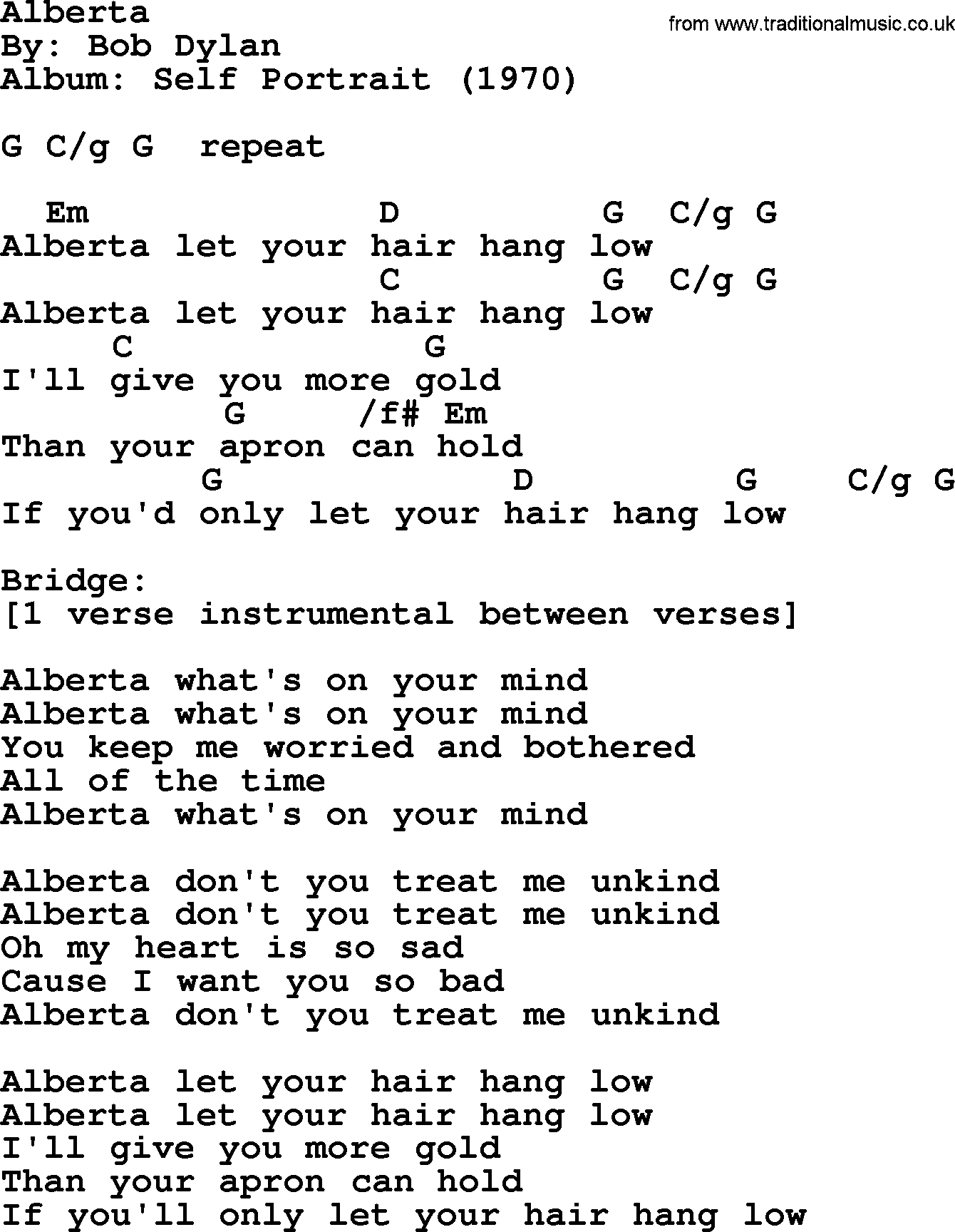 Bob Dylan song, lyrics with chords - Alberta