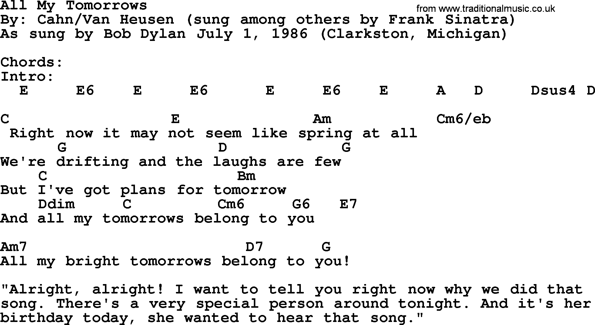 Bob Dylan song, lyrics with chords - All My Tomorrows
