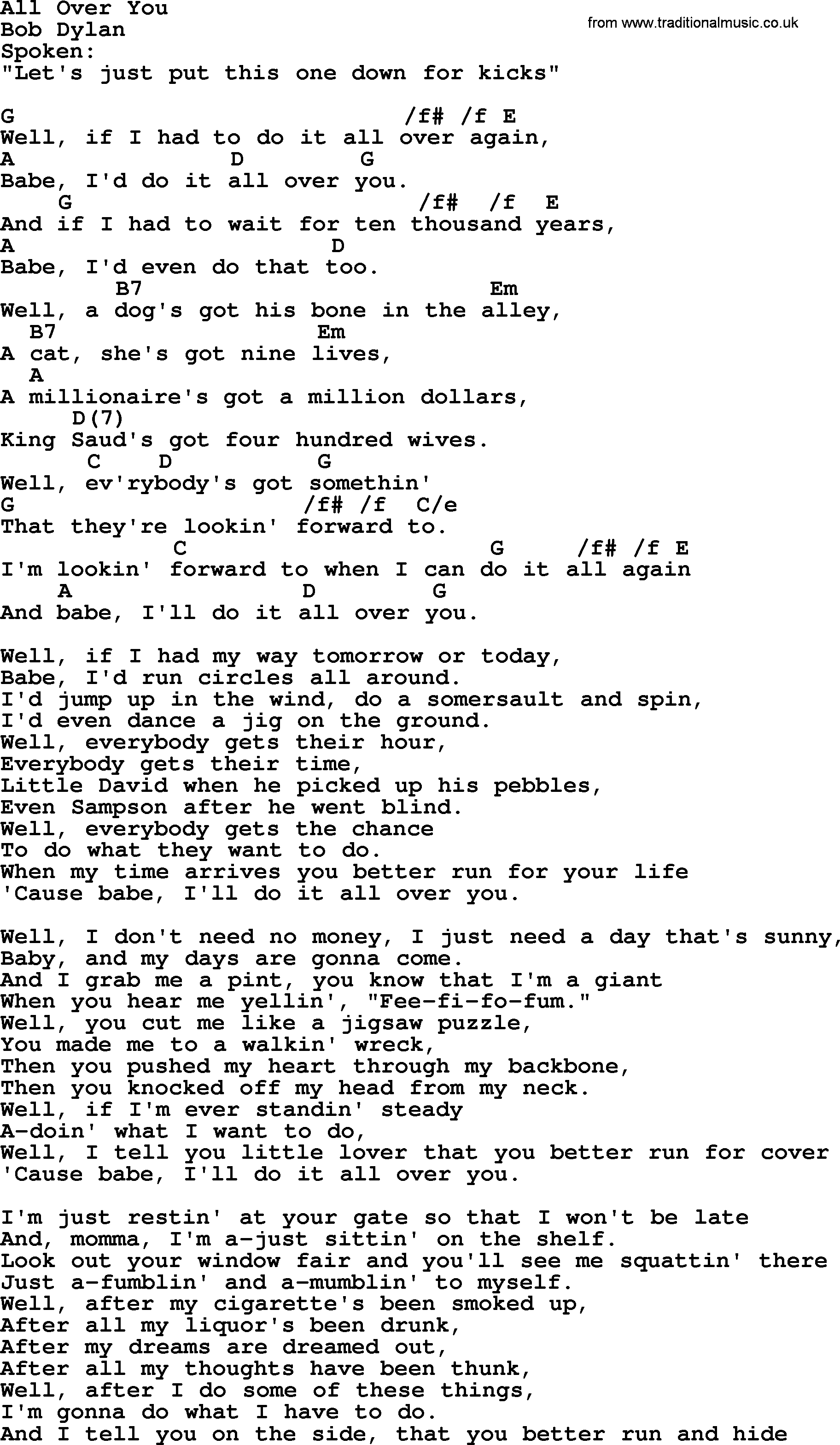 Bob Dylan song, lyrics with chords - All Over You