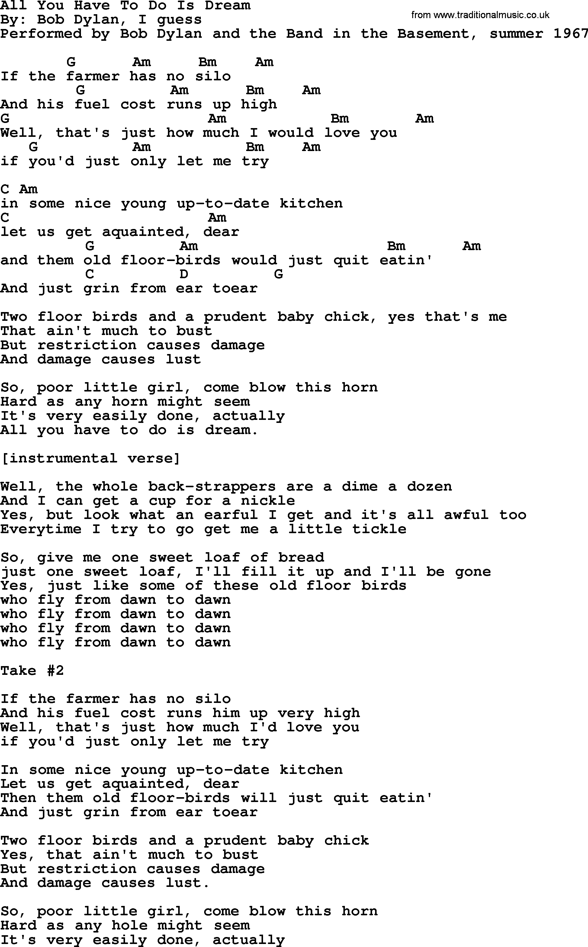 Bob Dylan song, lyrics with chords - All You Have To Do Is Dream