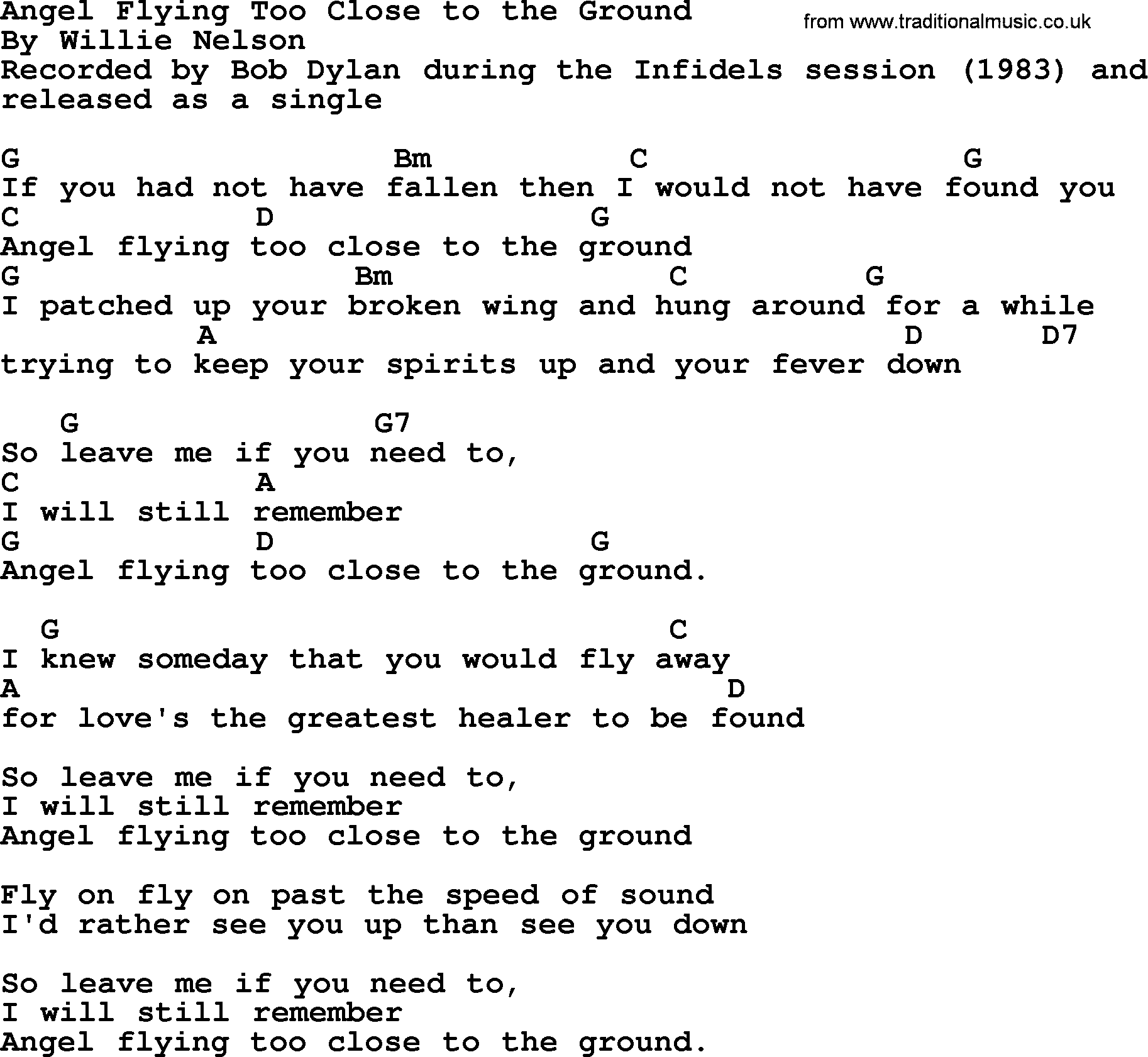 Bob Dylan song, lyrics with chords - Angel Flying Too Close to the Ground