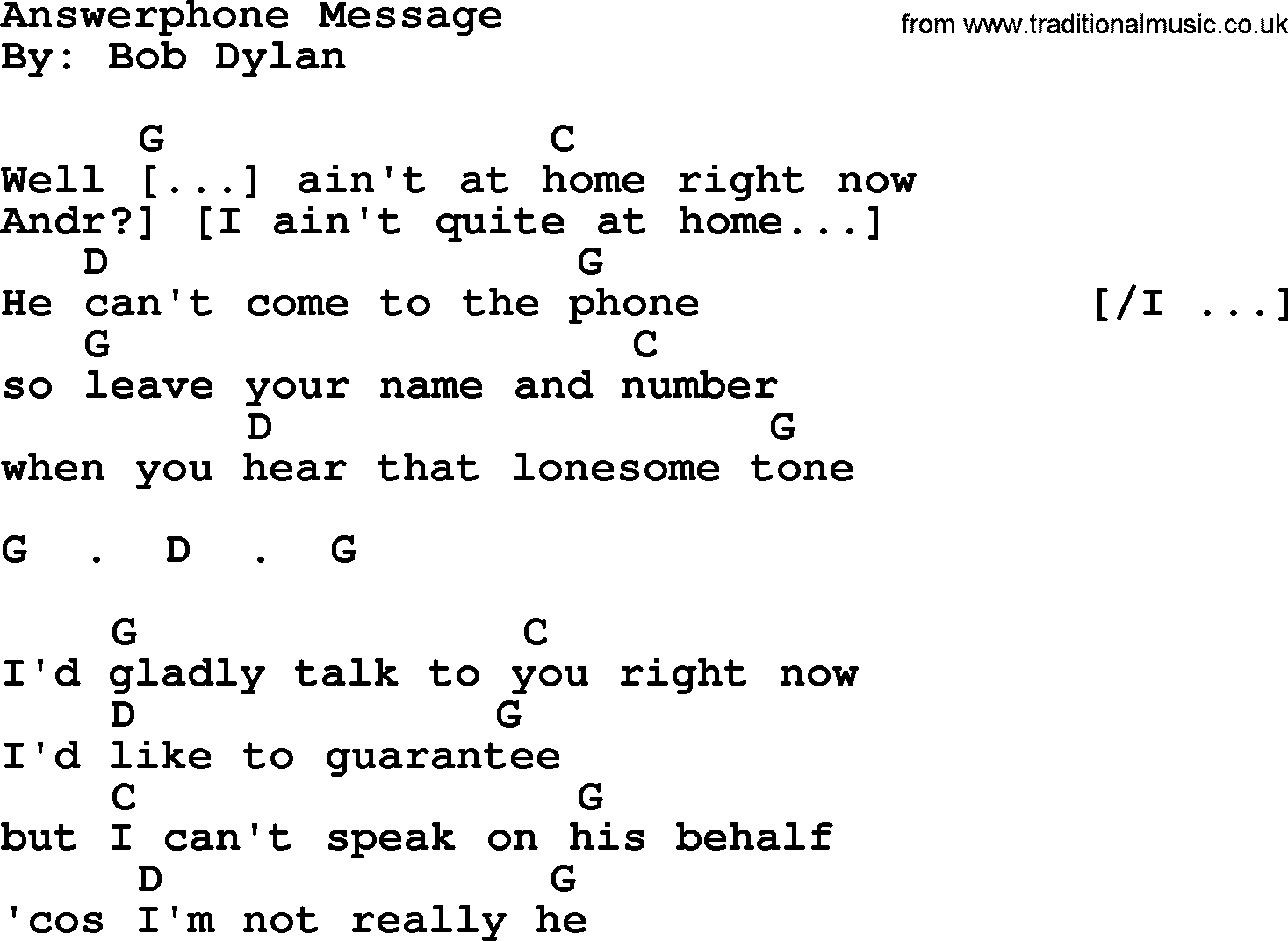 Bob Dylan song, lyrics with chords - Answerphone Message
