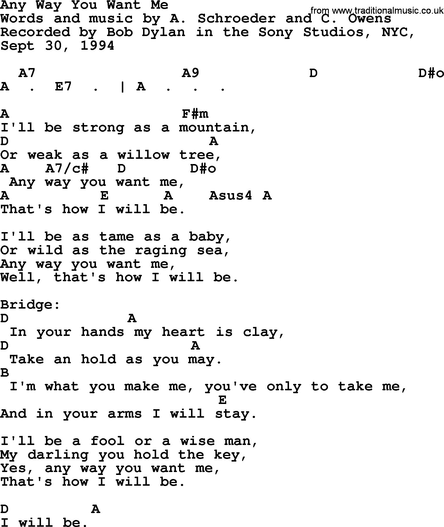 Bob Dylan song, lyrics with chords - Any Way You Want Me