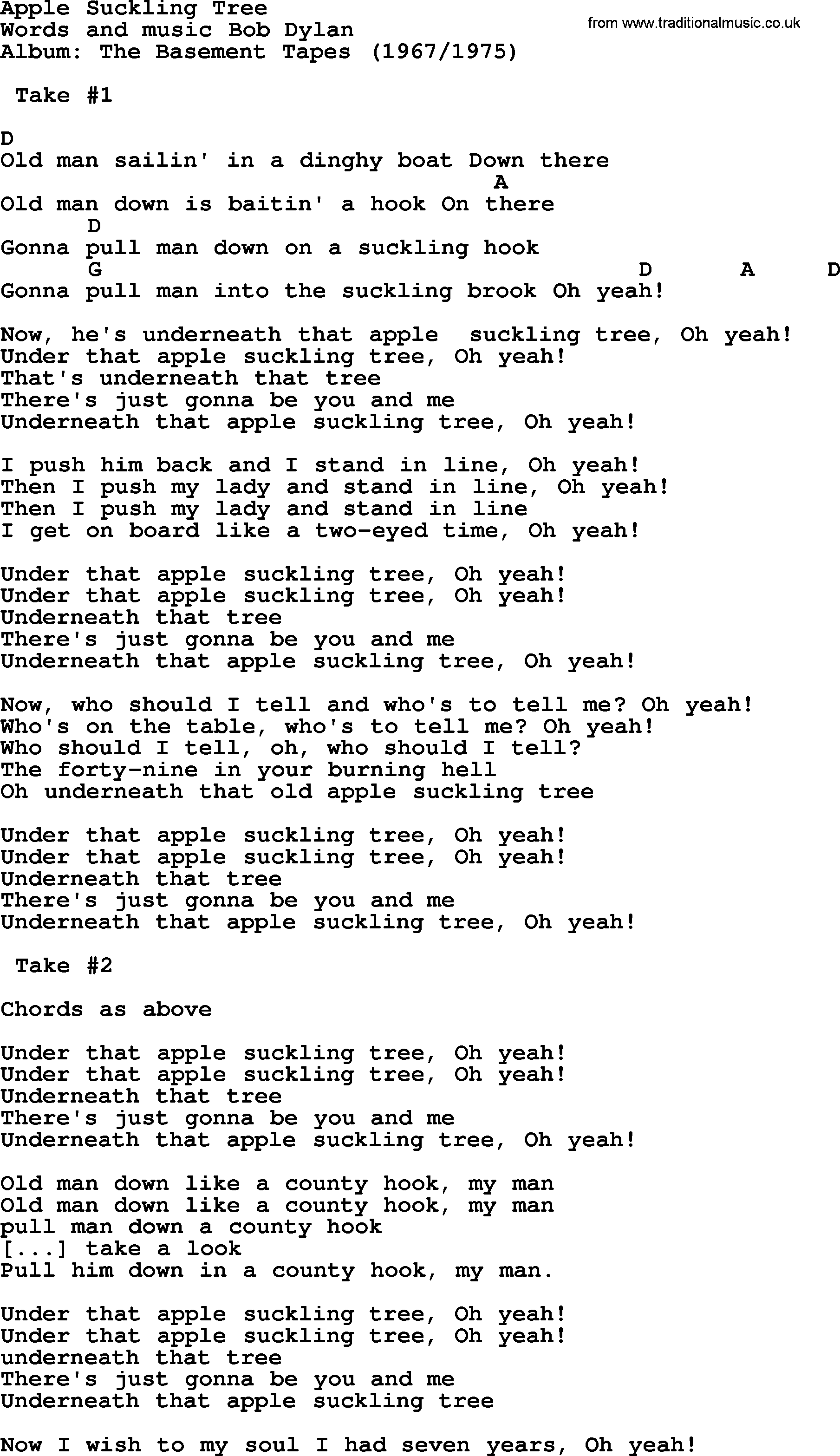 Bob Dylan song, lyrics with chords - Apple Suckling Tree