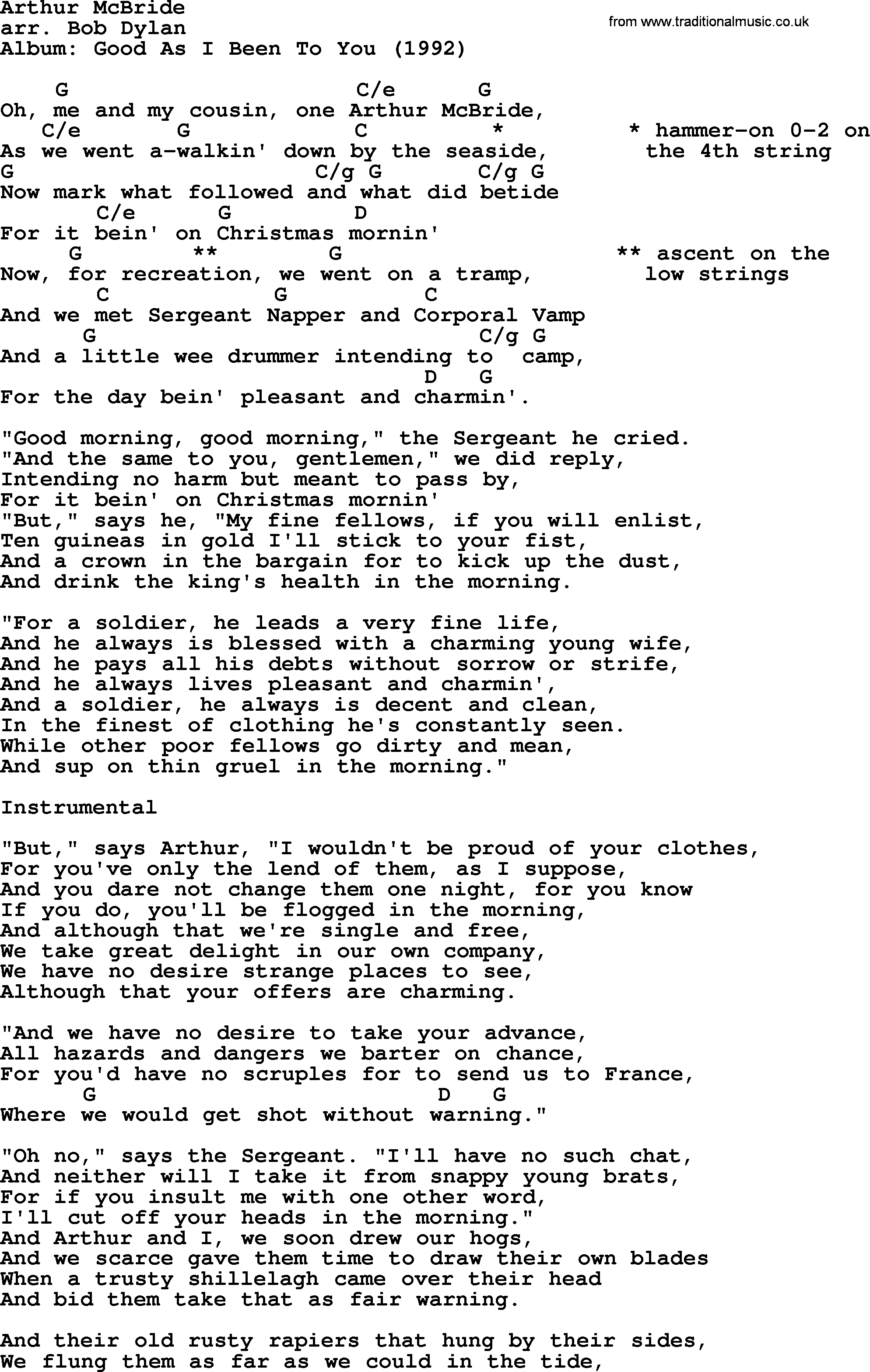 Bob Dylan song, lyrics with chords - Arthur McBride