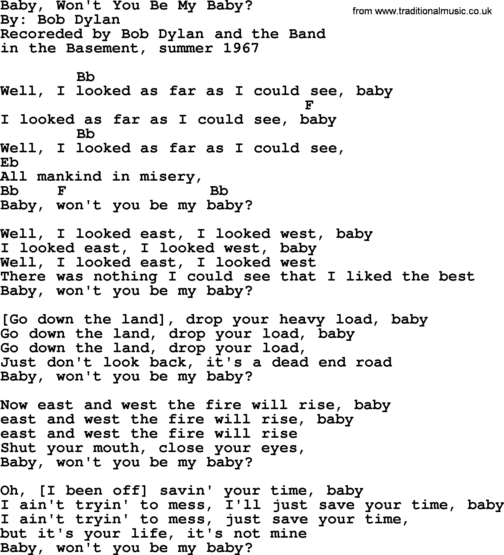 Bob Dylan song, lyrics with chords - Baby, Won't You Be My Baby