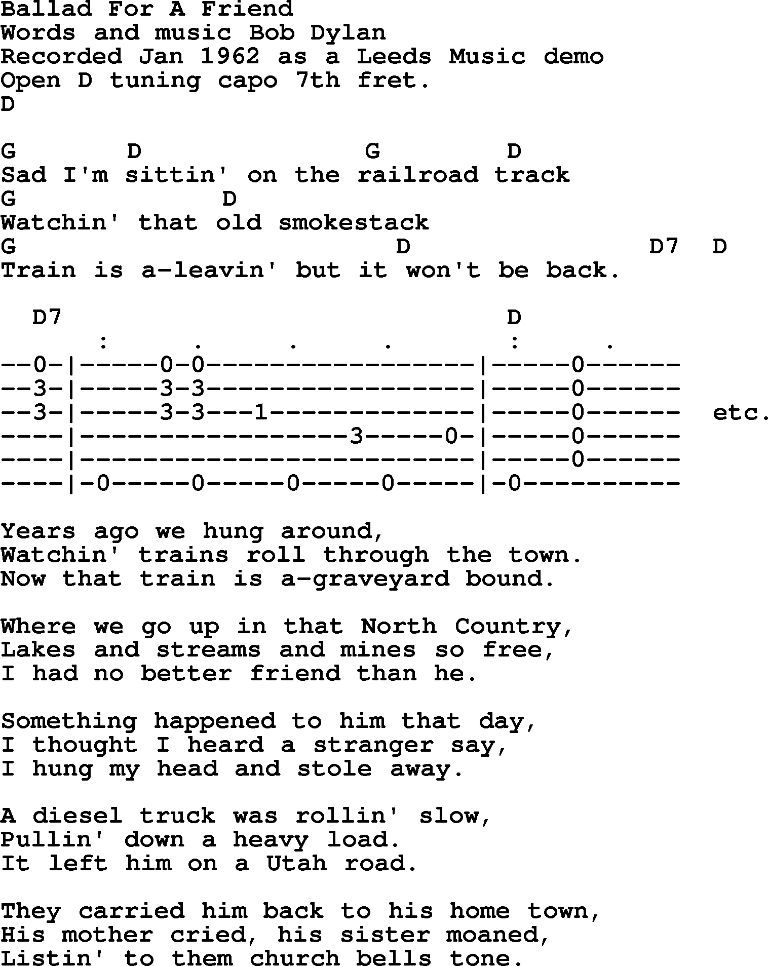 Bob Dylan song, lyrics with chords - Ballad For A Friend