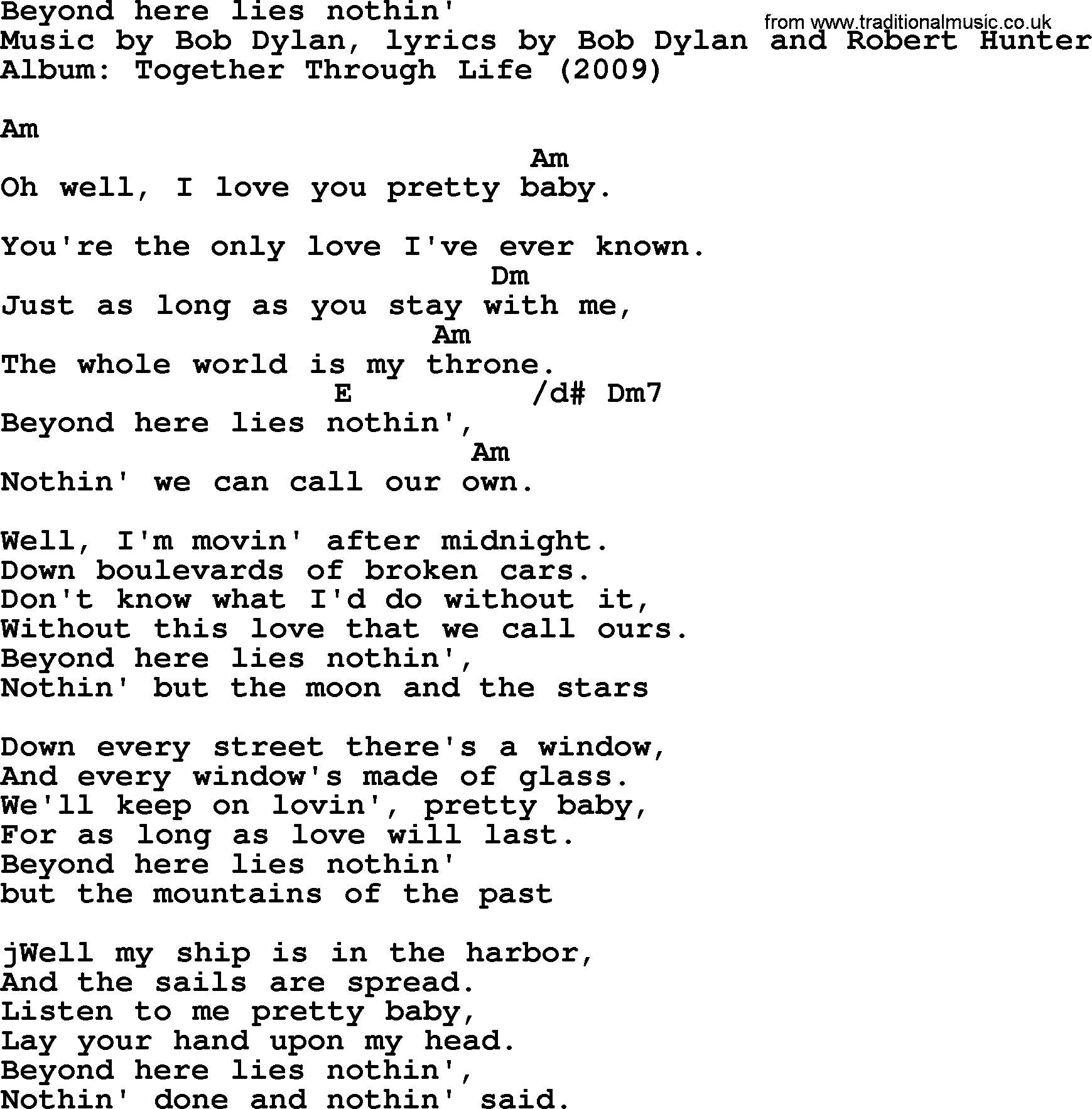 Bob Dylan song, lyrics with chords - Beyond here lies nothin'