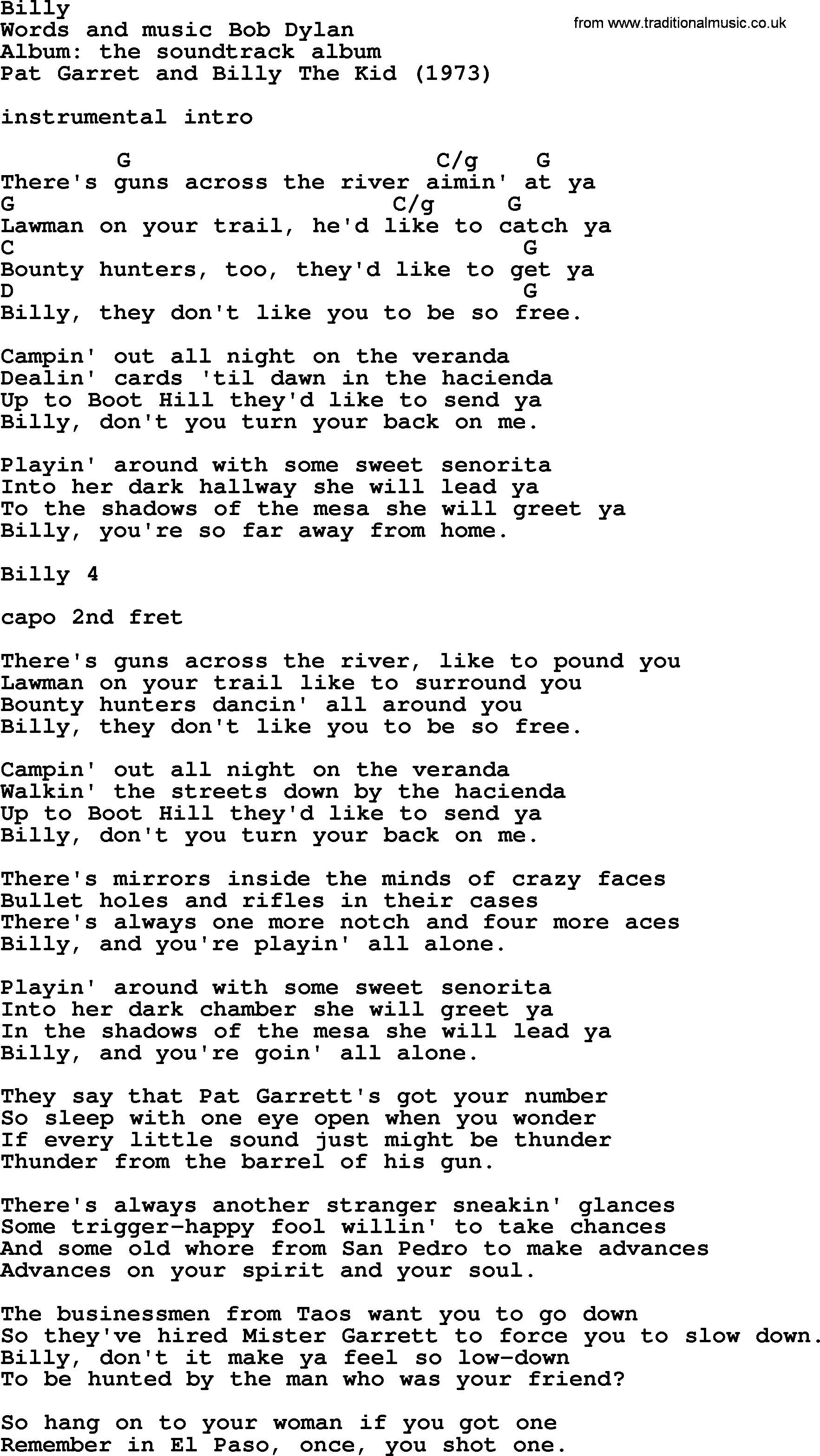 Bob Dylan song, lyrics with chords - Billy