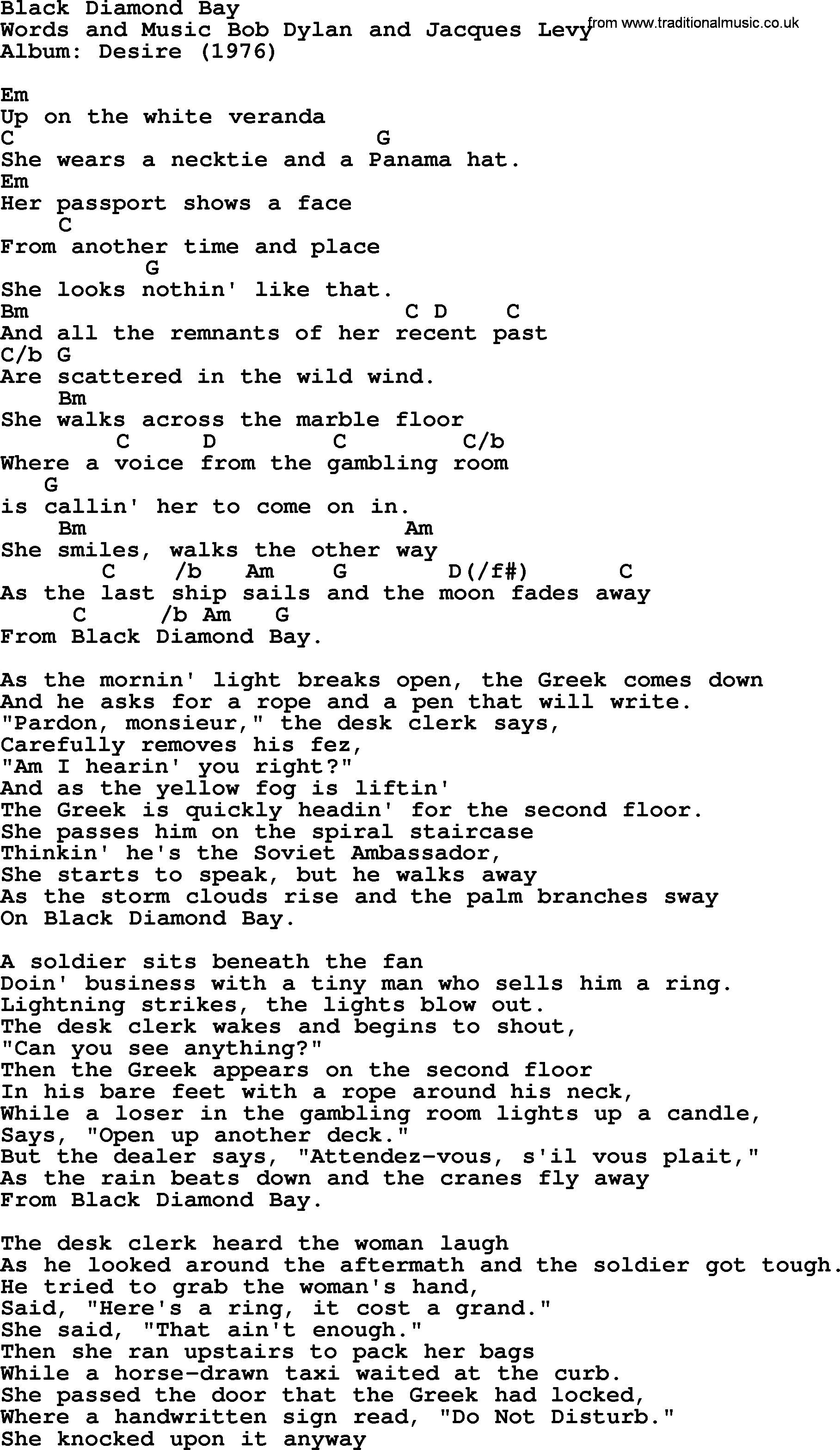 Bob Dylan song, lyrics with chords - Black Diamond Bay