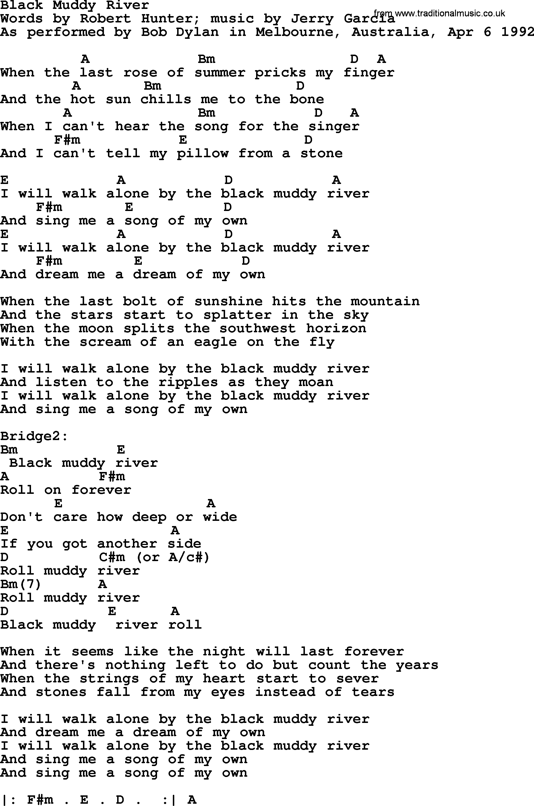 Bob Dylan song - Black Muddy River, lyrics and chords