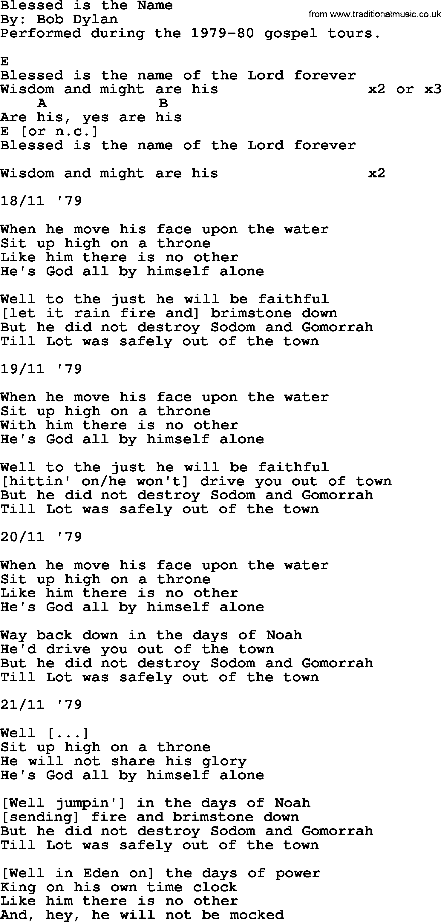 Bob Dylan song, lyrics with chords - Blessed is the Name