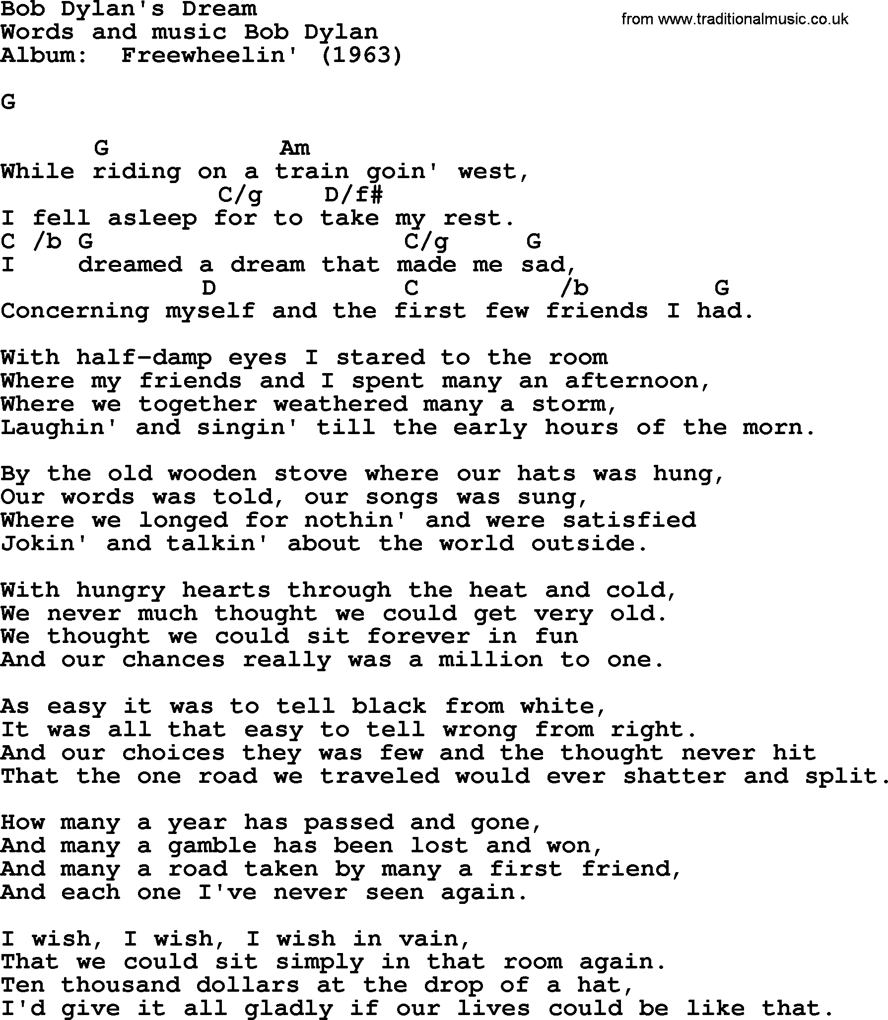 Bob Dylan song, lyrics with chords - Bob Dylan's Dream
