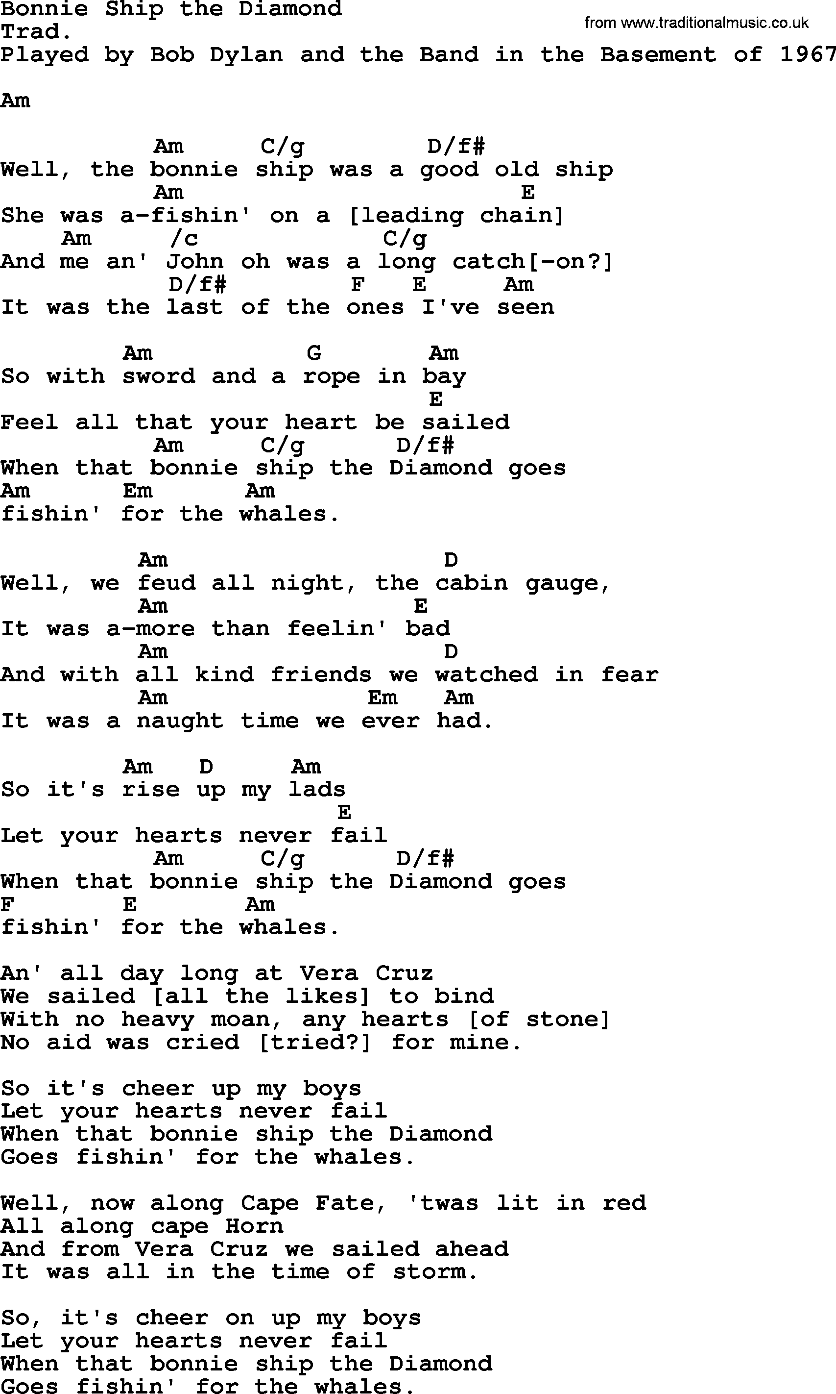 Bob Dylan song, lyrics with chords - Bonnie Ship the Diamond
