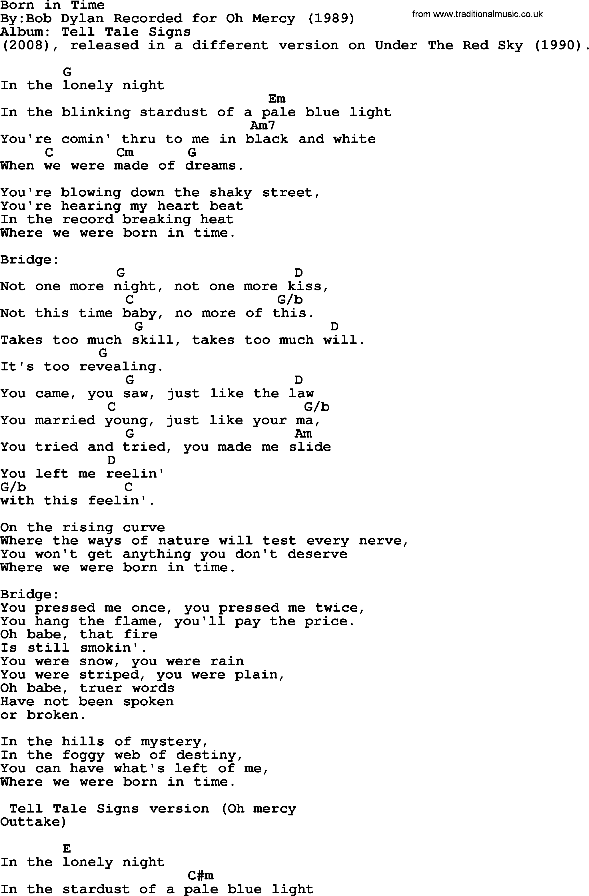 Bob Dylan song, lyrics with chords - Born in Time