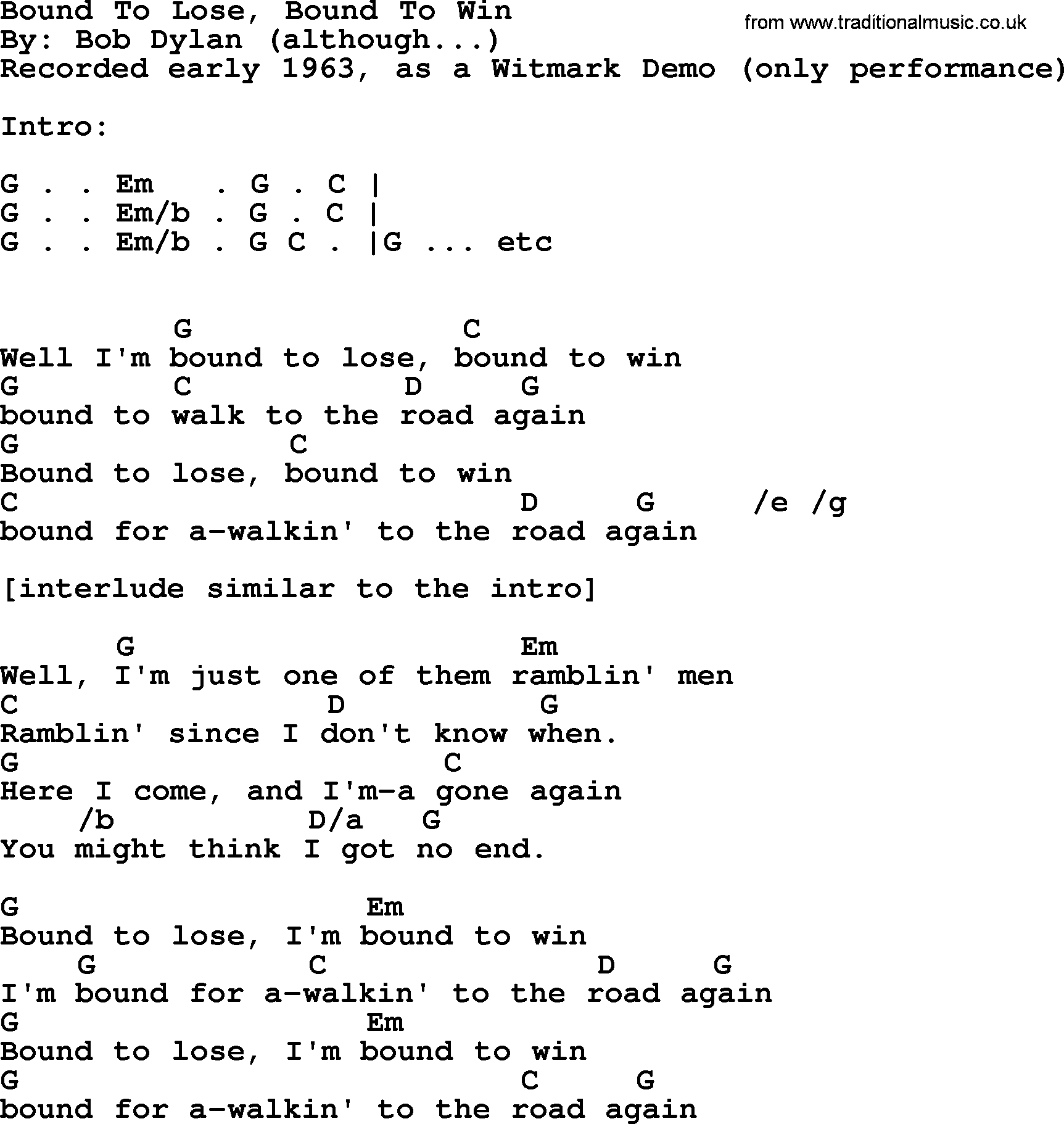 Bob Dylan song, lyrics with chords - Bound To Lose, Bound To Win