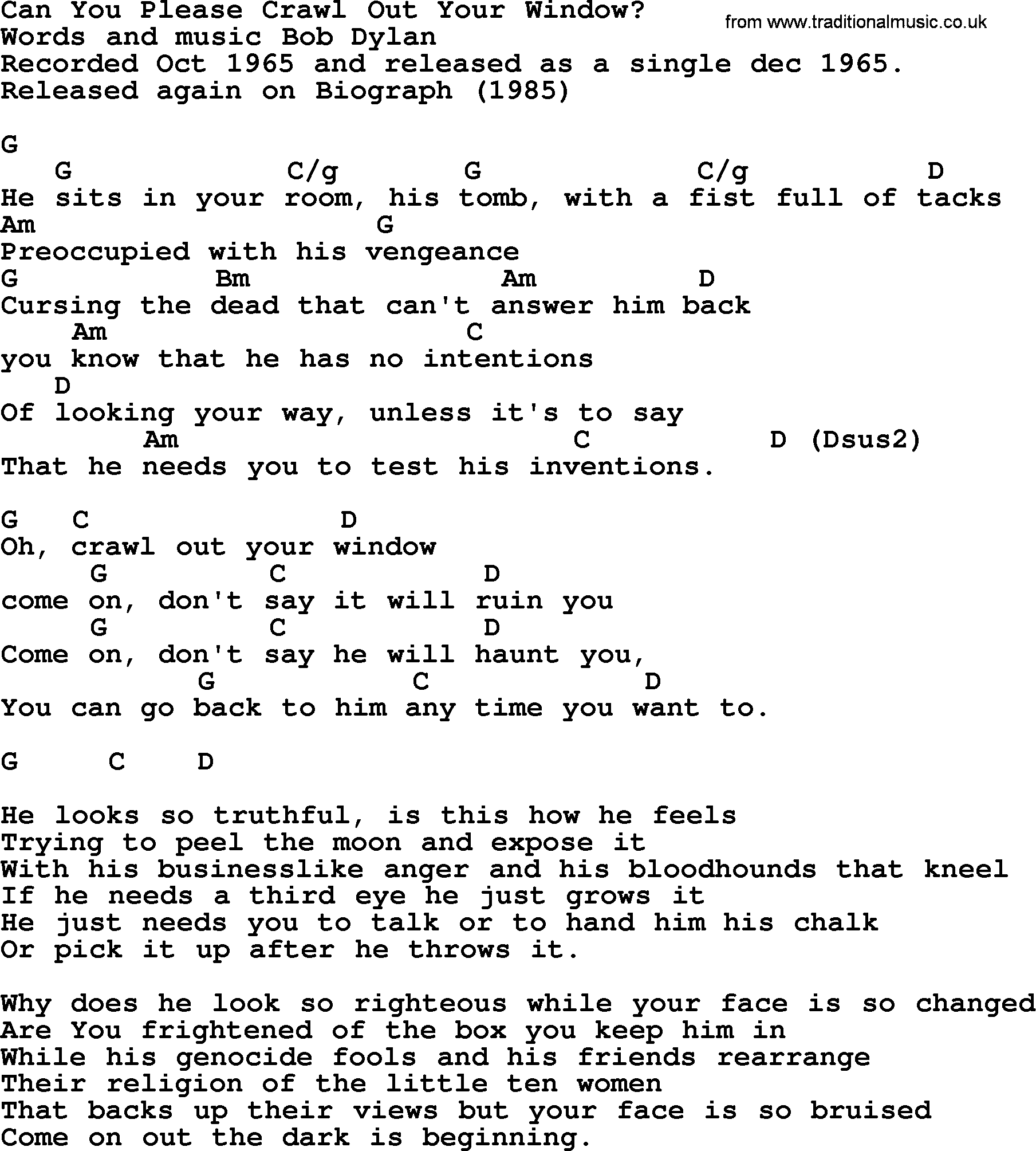 Bob Dylan song, lyrics with chords - Can You Please Crawl Out Your Window