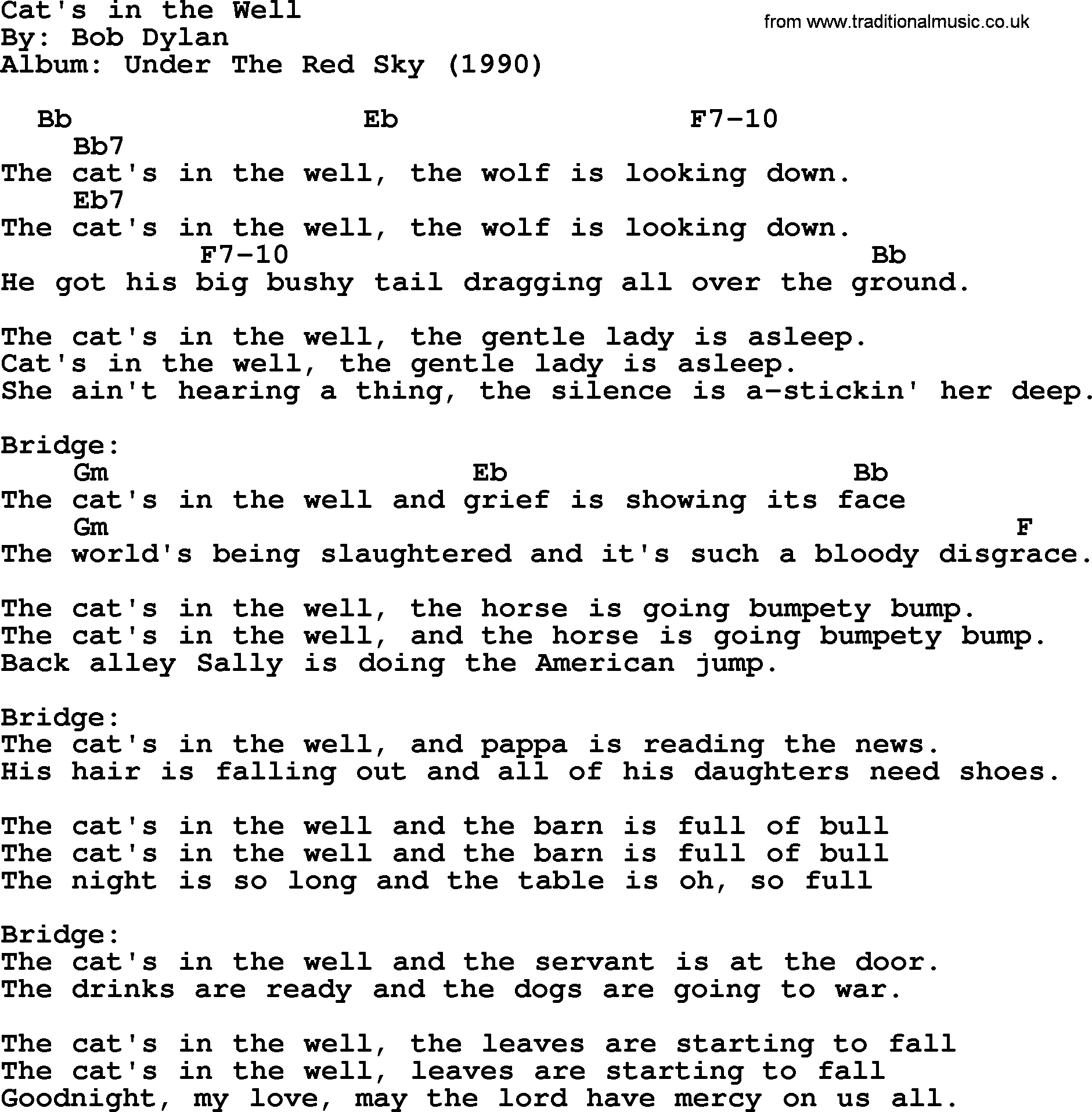 Bob Dylan song, lyrics with chords - Cat's in the Well