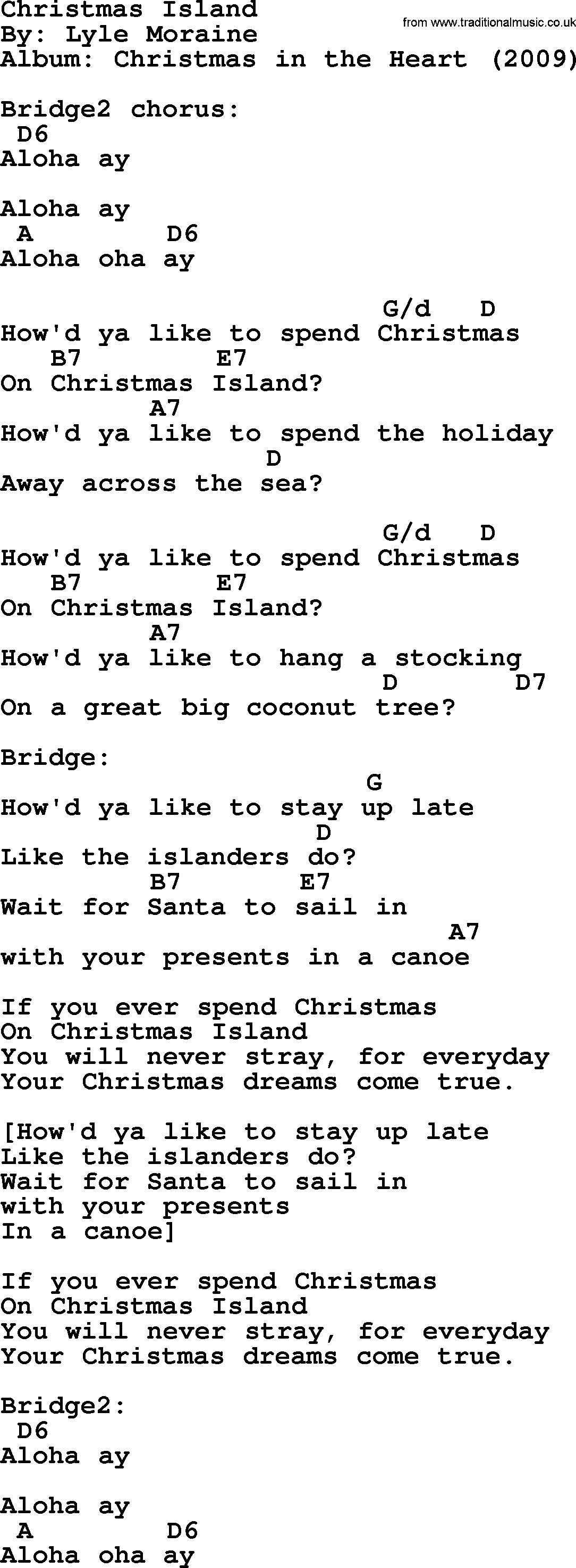 Bob Dylan song, lyrics with chords - Christmas Island